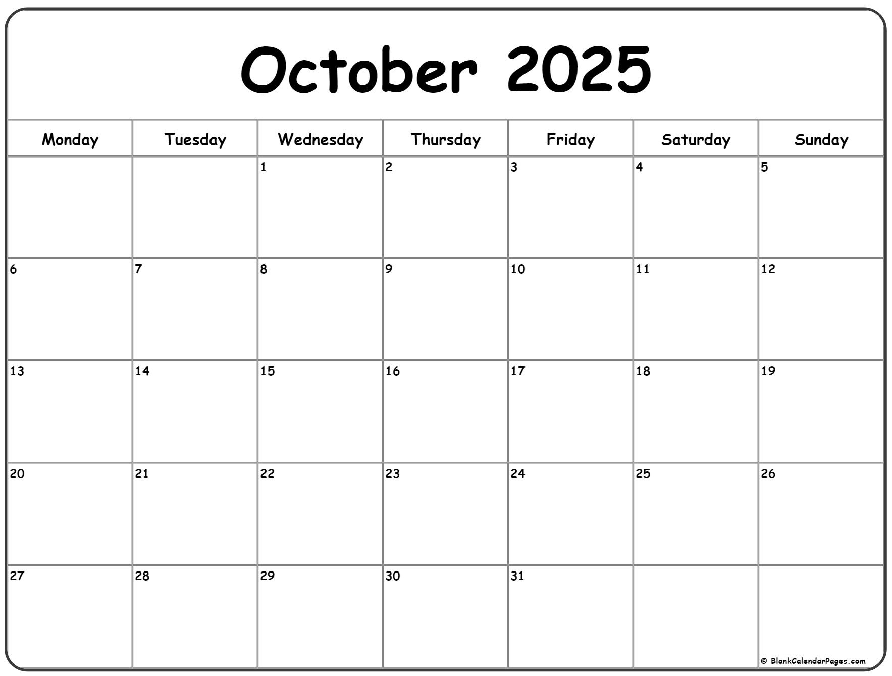 October 2025 Monday Calendar | Monday To Sunday intended for October 2025 Calendar Monday Start