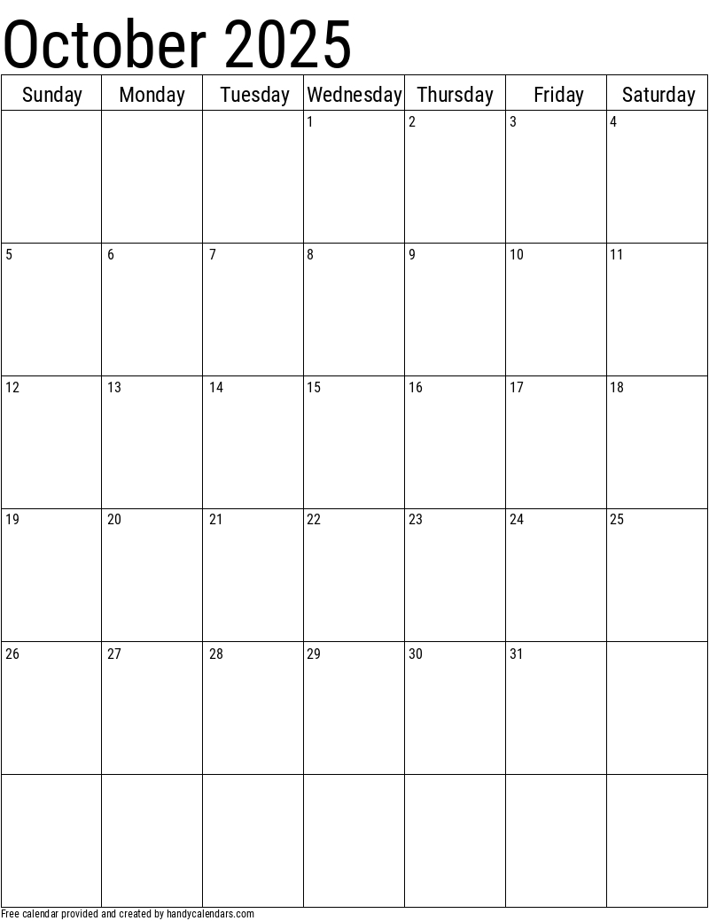 October 2025 Vertical Calendar - Handy Calendars inside October 2025 Calendar Printable Vertical