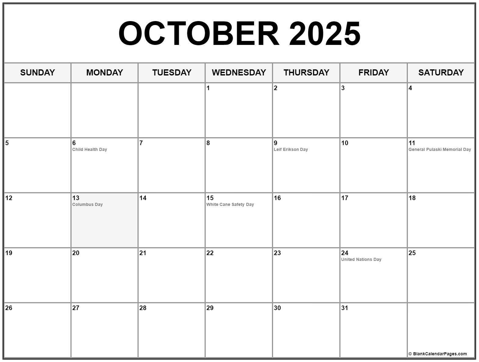 October 2025 With Holidays Calendar for October 2025 Calendar Holidays
