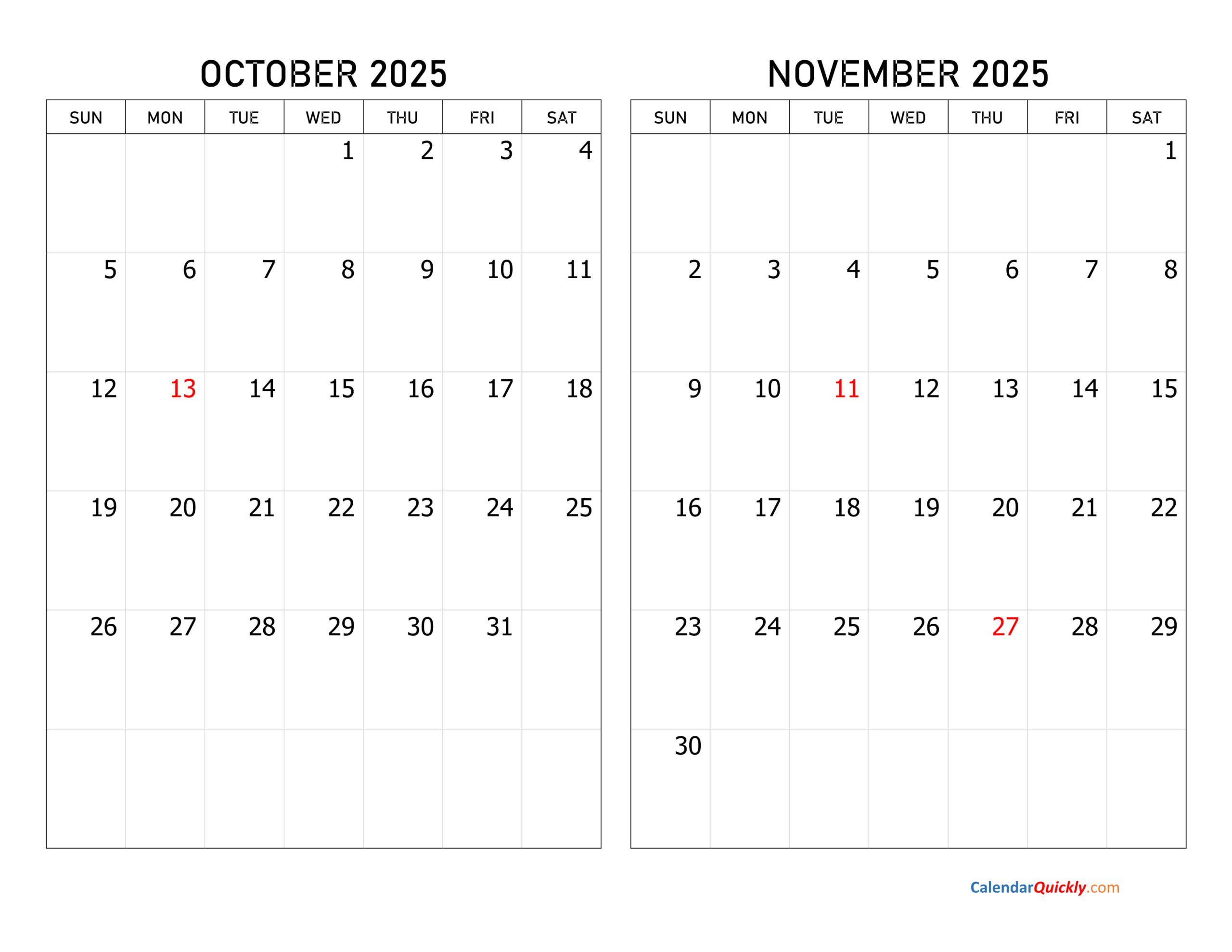 October And November 2025 Calendar | Calendar Quickly inside October November 2025 Calendar