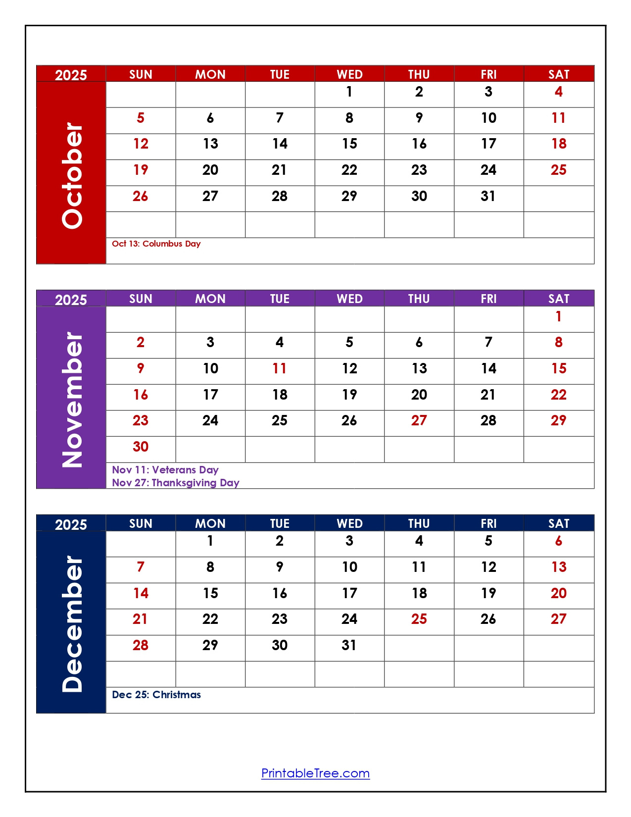 October To December 2025 Calendar Printable Pdf | Three Months within October November and December 2025 Calendar
