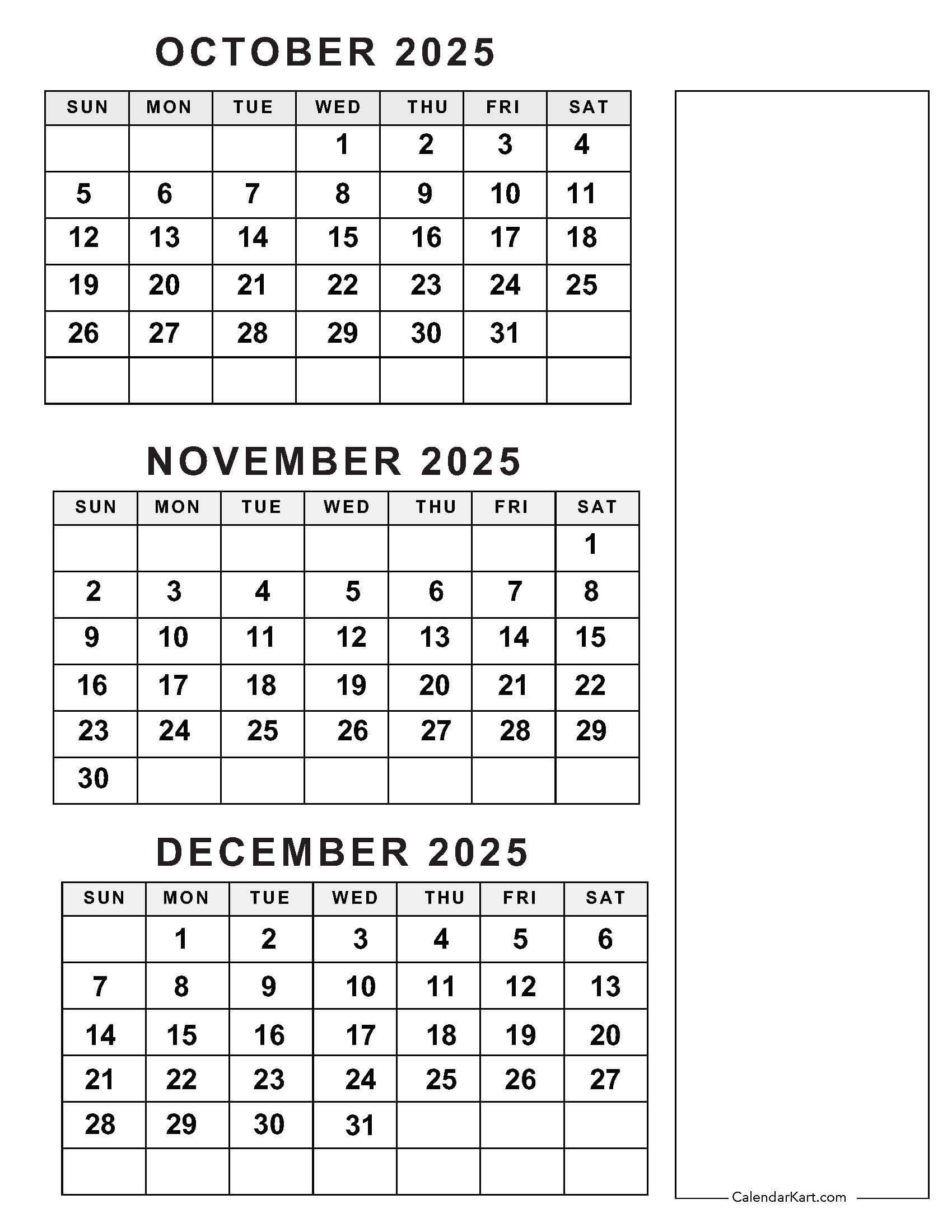 October To December 2025 Calendar (Q4) - Calendarkart regarding 3 Month Calendar October November December 2025