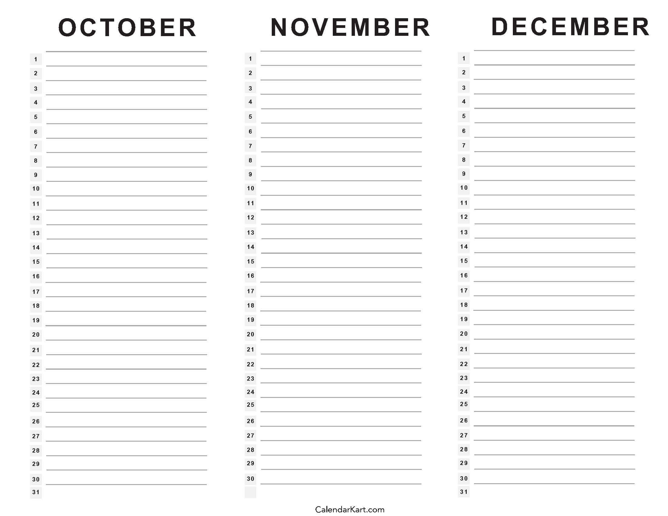 October To December 2025 Calendar (Q4) - Calendarkart with regard to October November December 2025 Calendar Printable Free