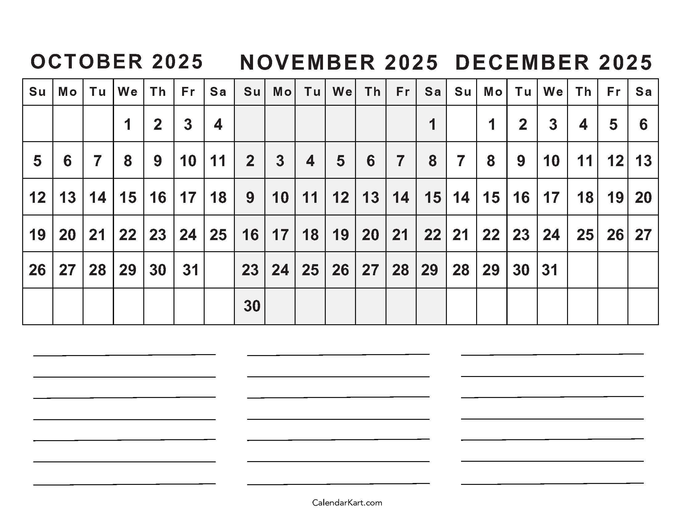 October To December 2025 Calendar (Q4) - Calendarkart within Calendar For October November 2025