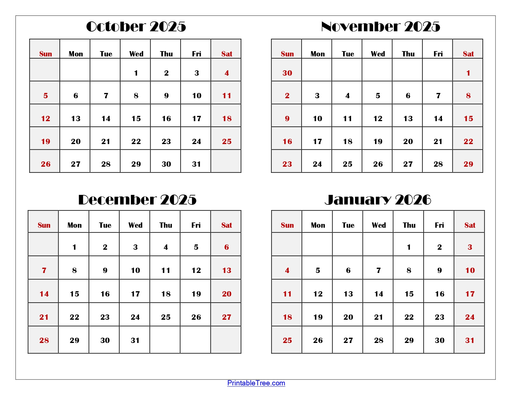 October To January 2026 Calendar Printable Pdf | Four Months Calendar within October to January 2025 Calendar