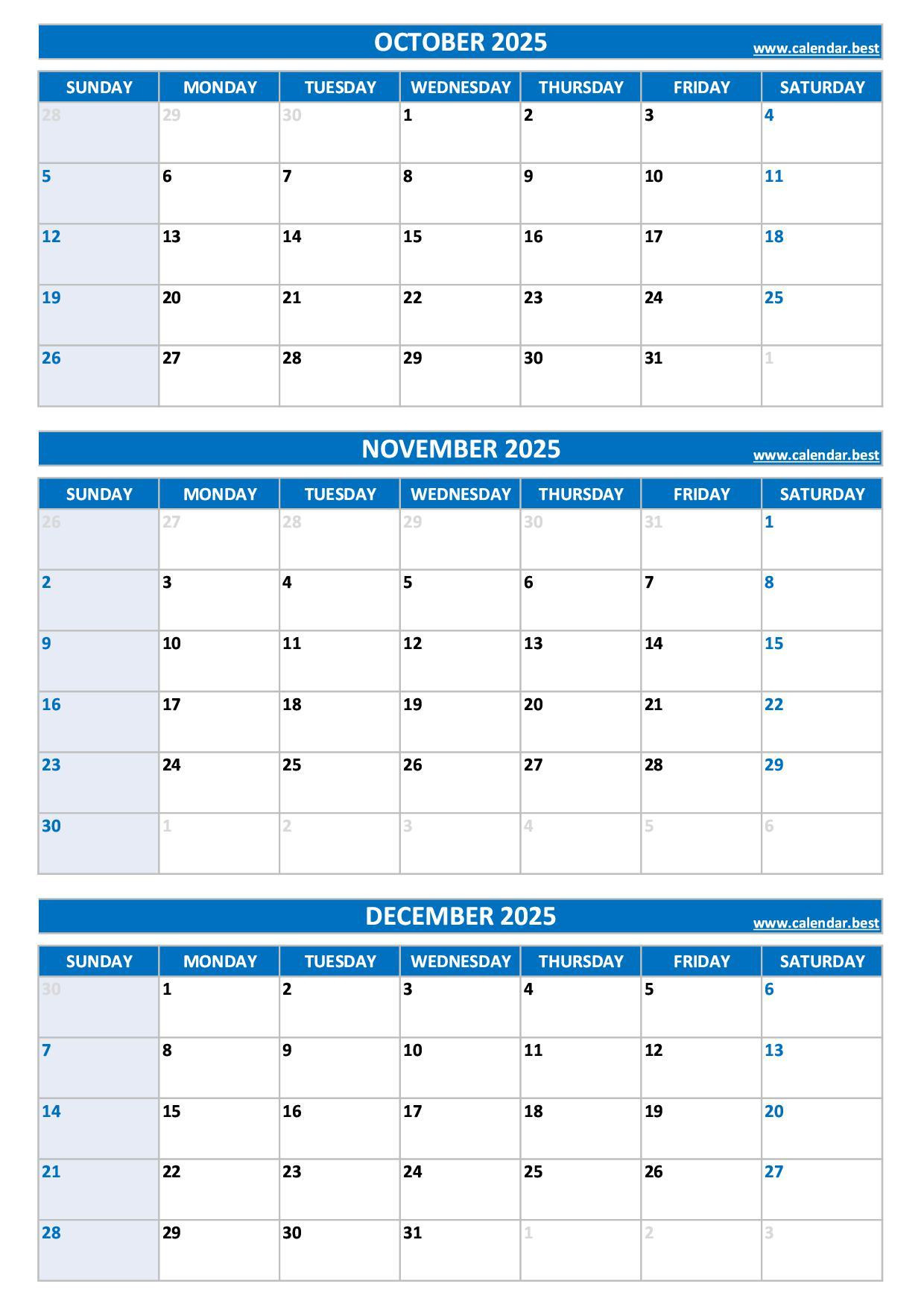 Printable 4Th Quarter 2025 Calendar Months Of October, November regarding October December Calendar 2025