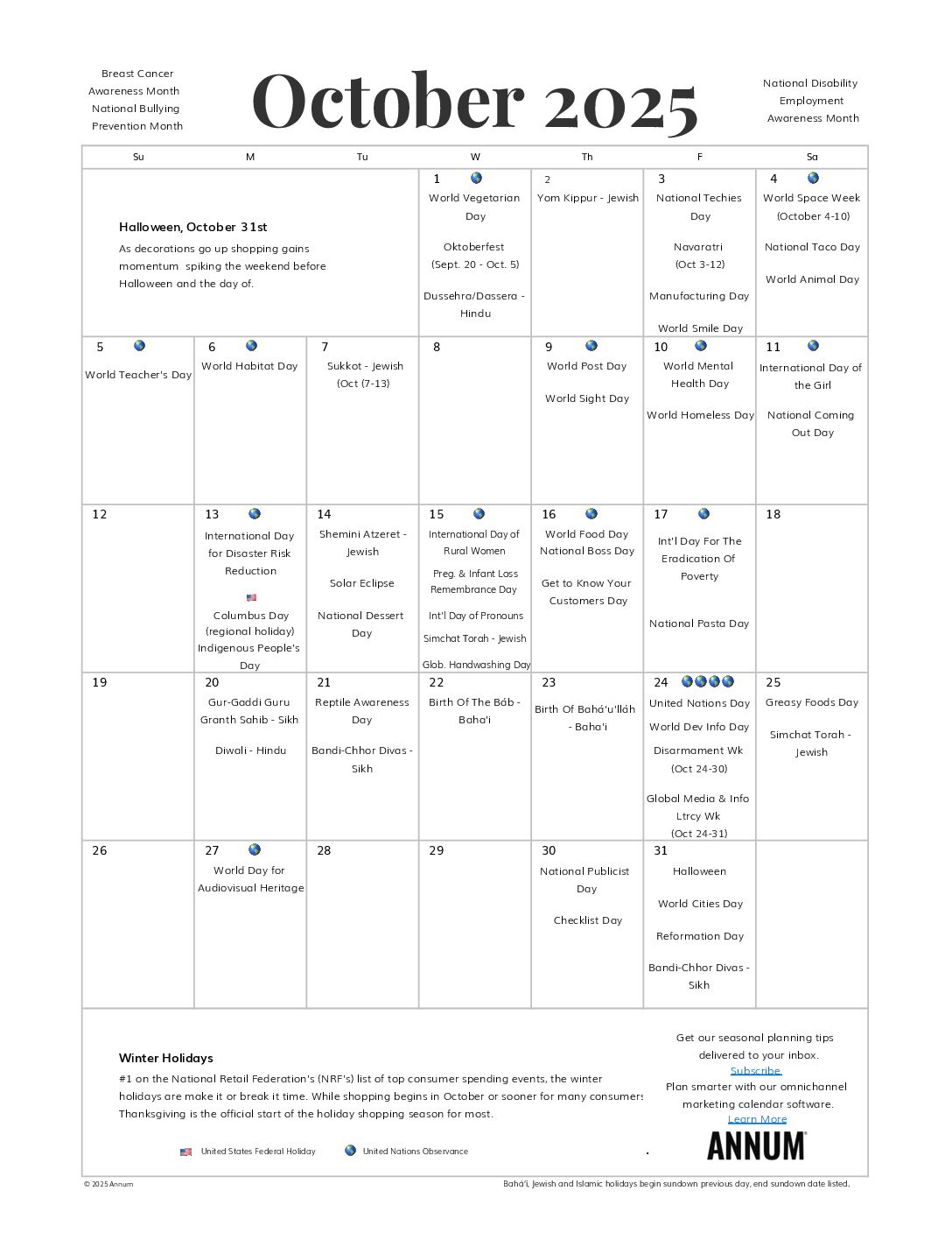 Printable October 2025 Calendar | October Holidays | Annum inside October National Day Calendar 2025