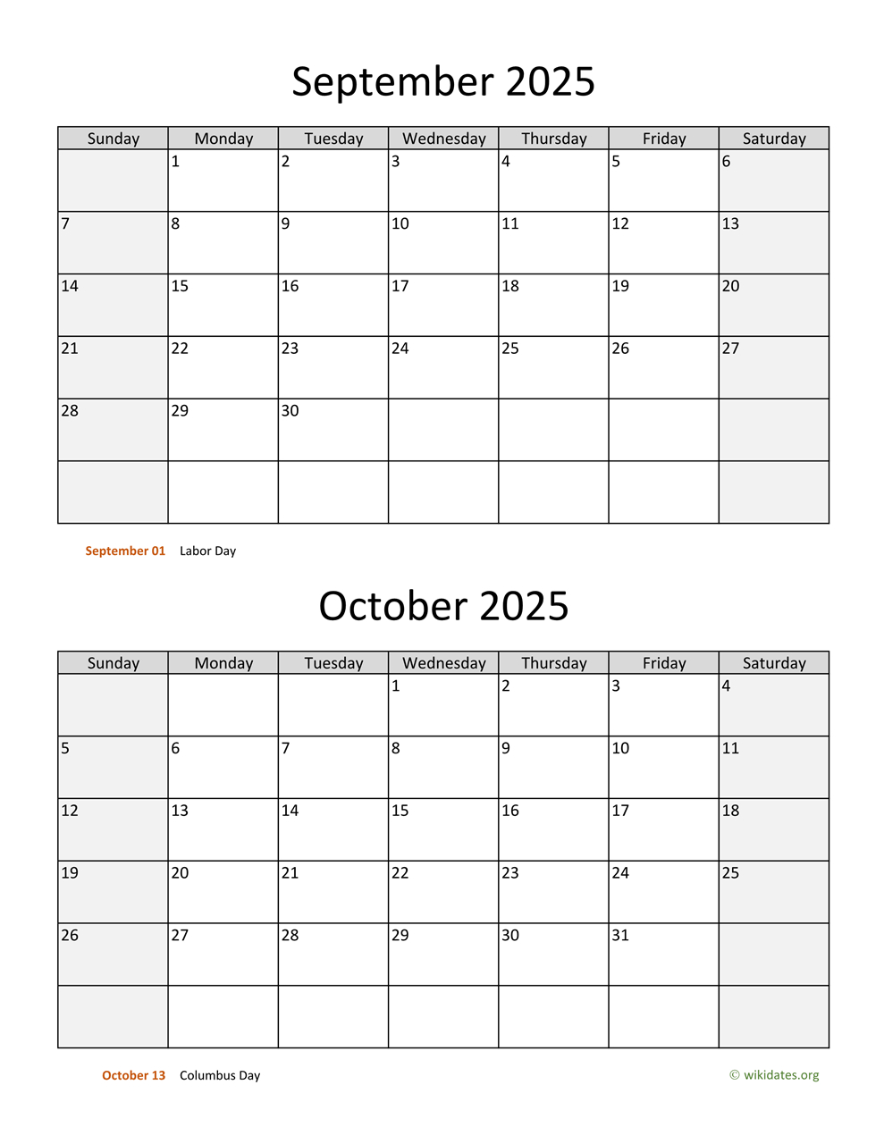 September And October 2025 Calendar | Wikidates for Calendar September October 2025