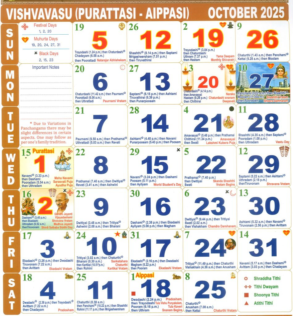 Tamil Calendar October Month , 2025 in October 2025 Tamil Calendar