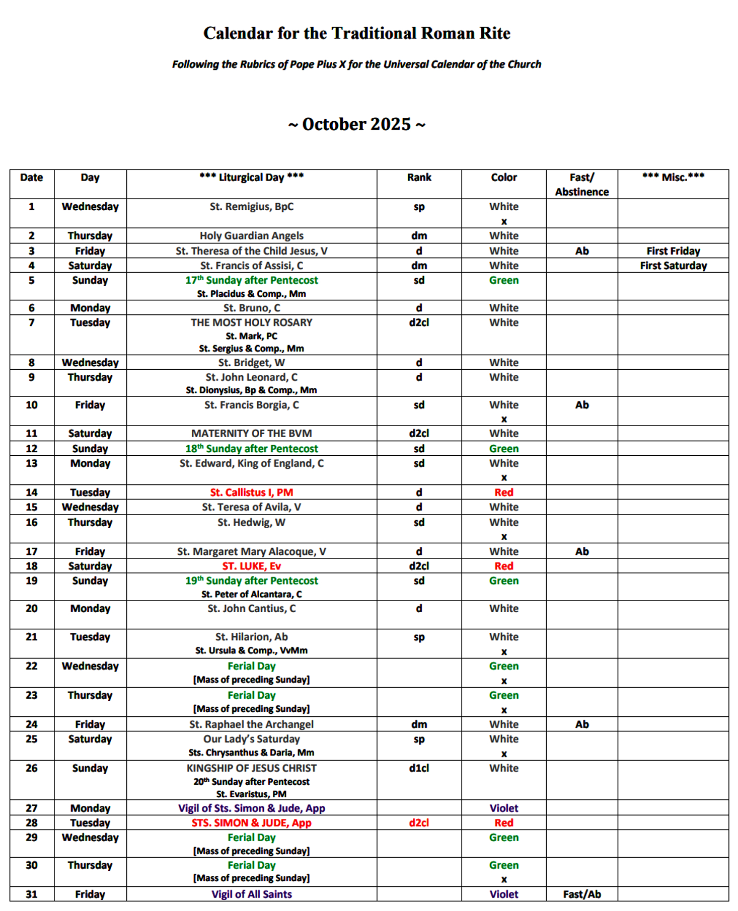 Traditional Catholic Litugical Calendar inside Catholic Calendar October 2025