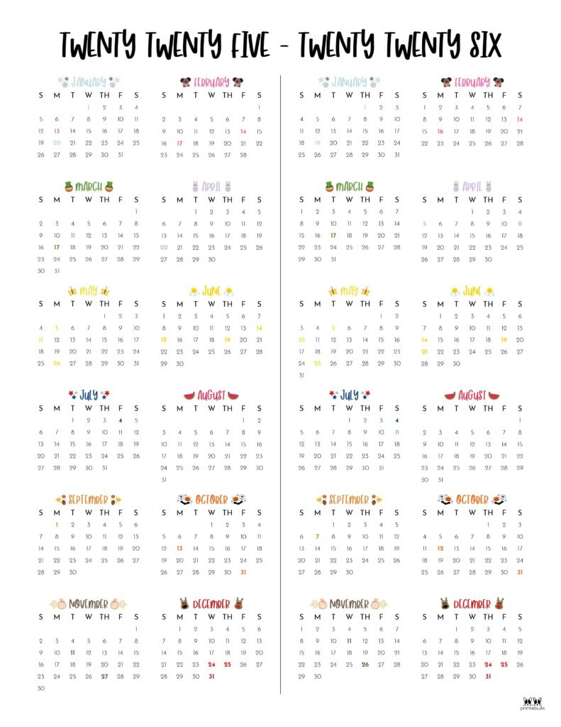 2025-2026 Two Year Calendars - 10 Free Cals | Printabulls inside November 2025 To March 2026 Calendar