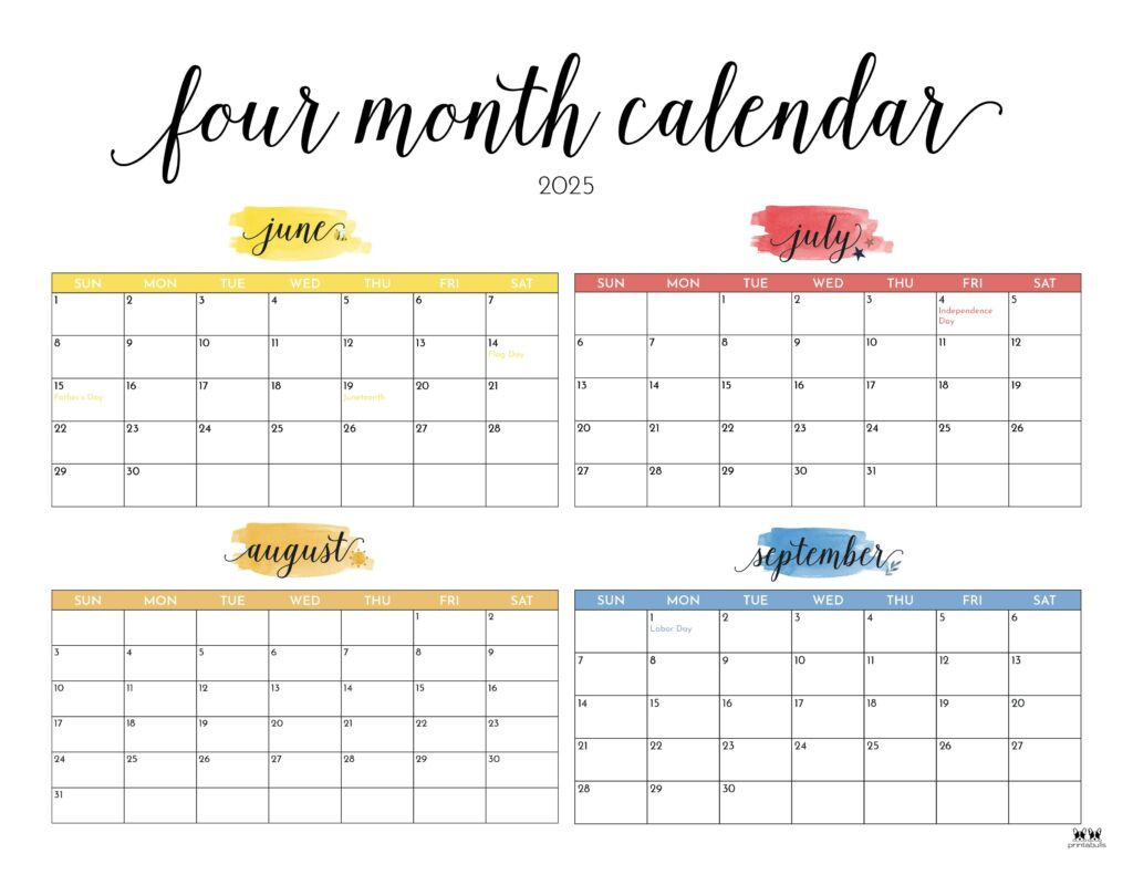 2025 Four Month Calendars - 31 Free Printables | Printabulls within November 2025 To June 2025 Calendar