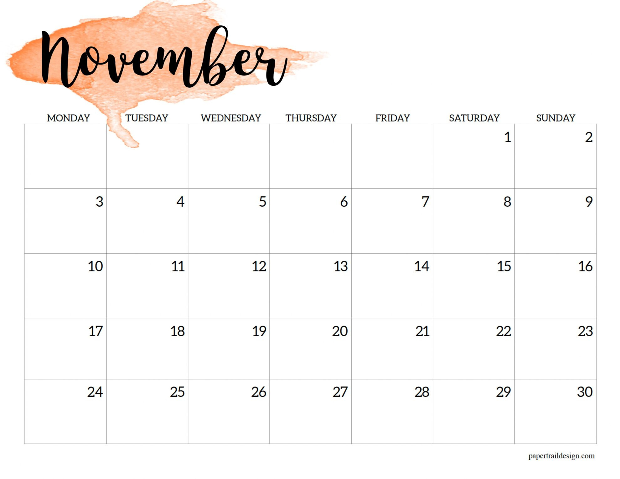 2025 Monday Start Calendar Printable - Watercolor - Paper Trail Design with November Calendar 2025 Starting Monday