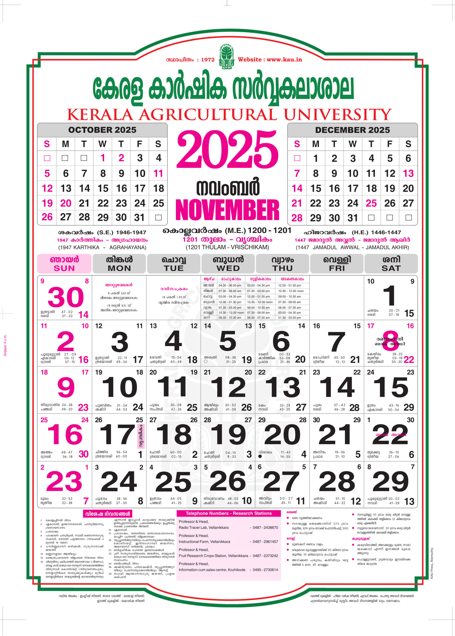 2025 November | Kerala Agricultural University in Malayalam Calendar 2025 November