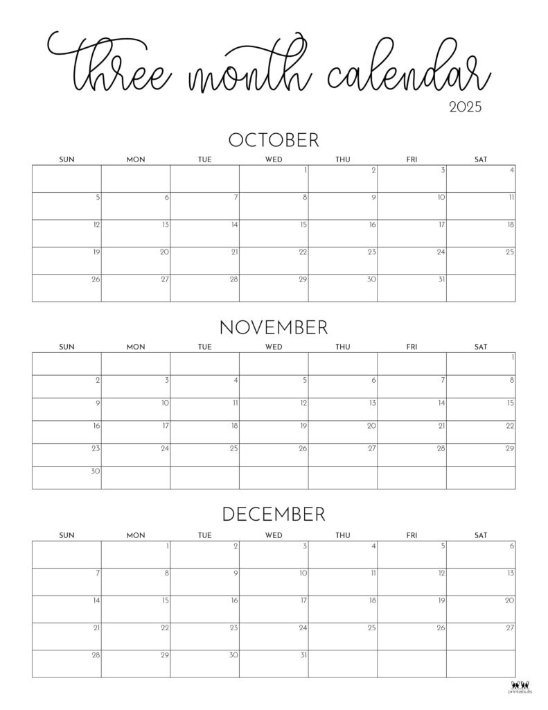 2025 Three Month/Quarterly Calendars - 36 Free Cals | Printabulls with regard to 3 Month Calendar 2025 September October November