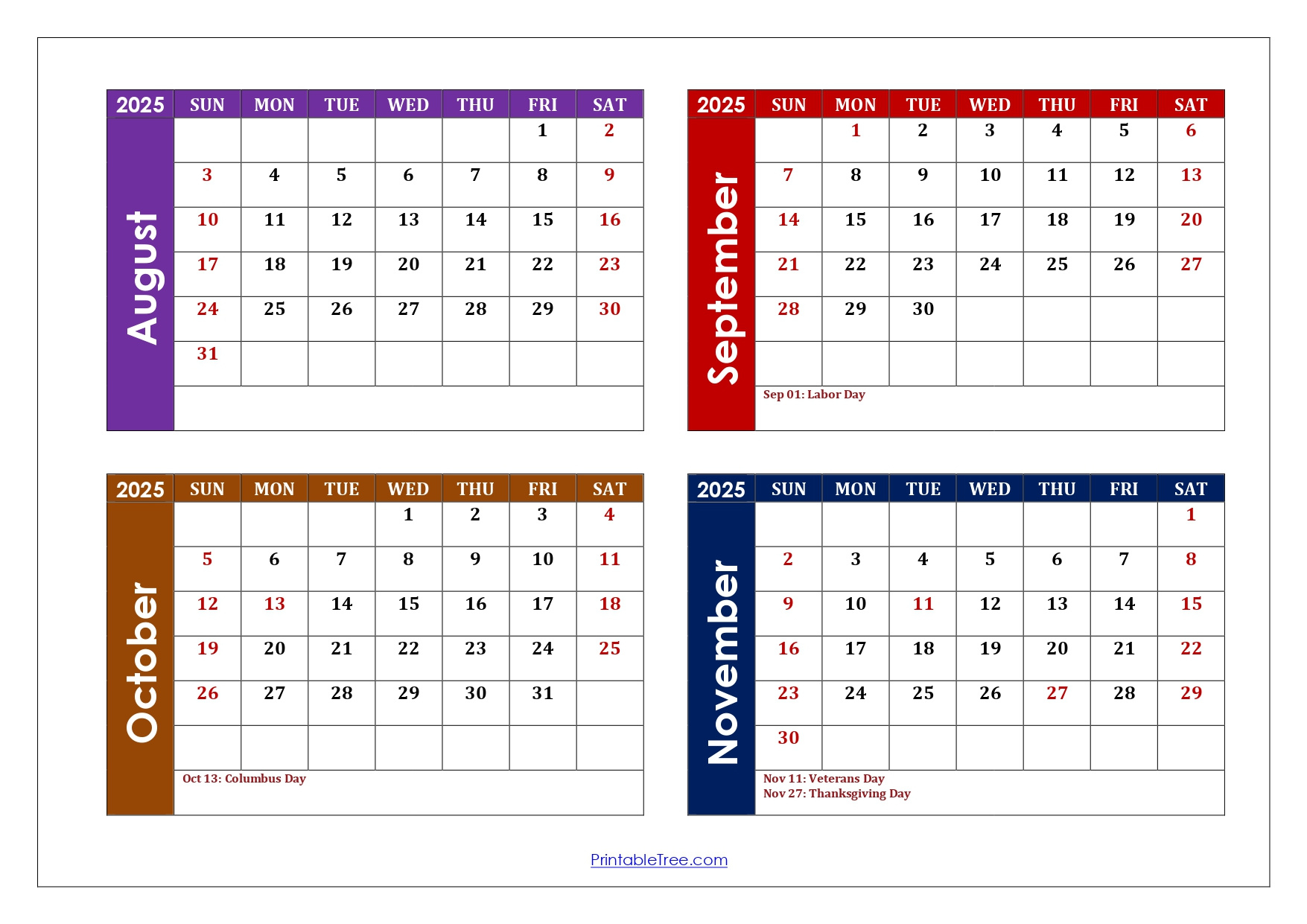 August To November 2025 Calendar Printable Pdf | Four Months Calendar for August November 2025 Calendar