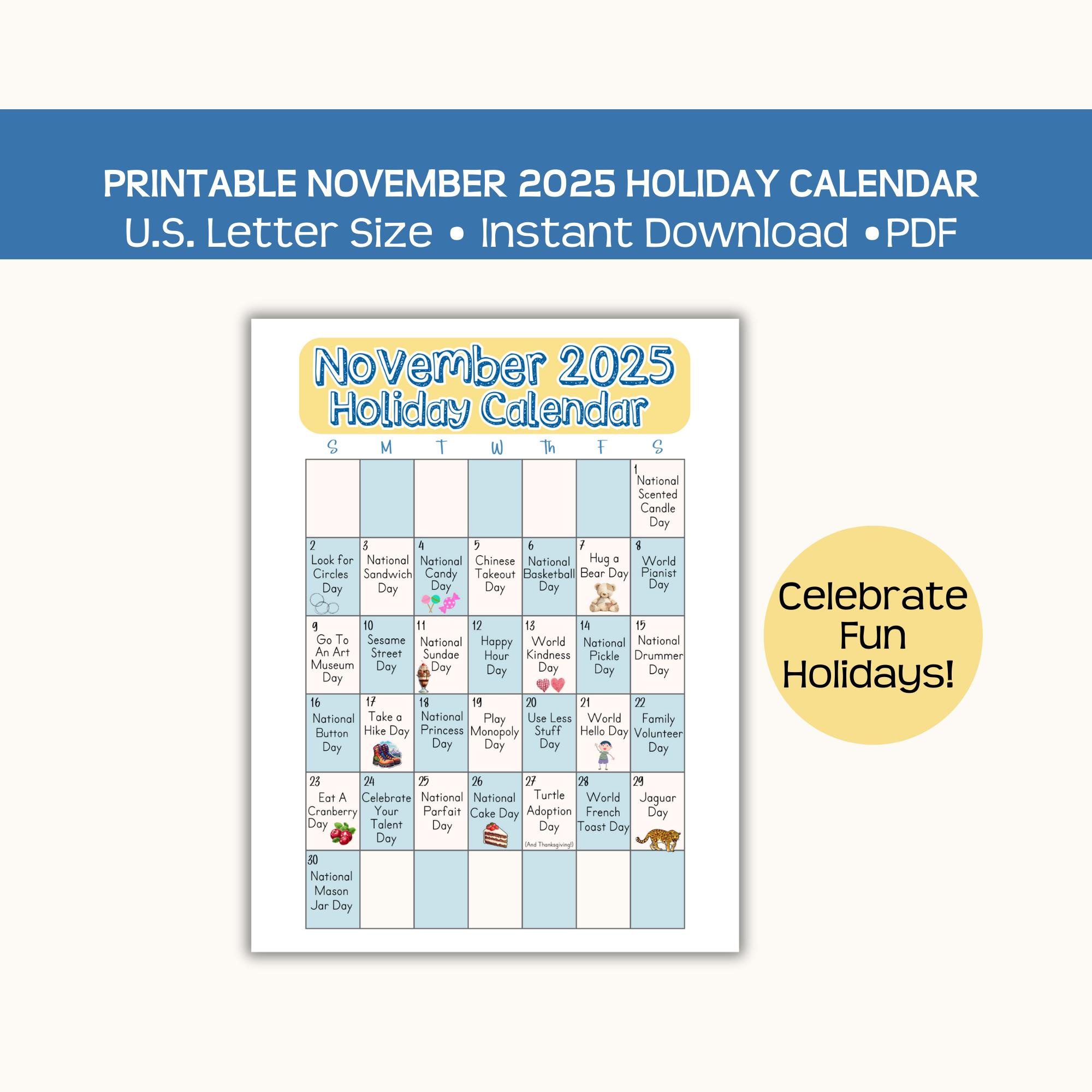 Ausdruckbarer Feiertagskalender Für November 2025: Lustige throughout Holiday November Calendar 2025