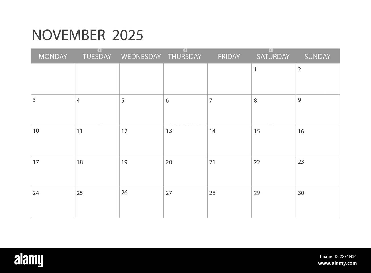 Calendar For November 2025. The Week Starts On Monday Stock Vector with Week Calendar November 2025