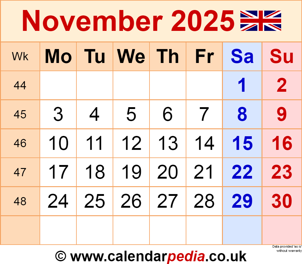 Calendar November 2025 Uk With Pdf, Excel And Word Templates for November 2025 Calendar with Bank Holidays