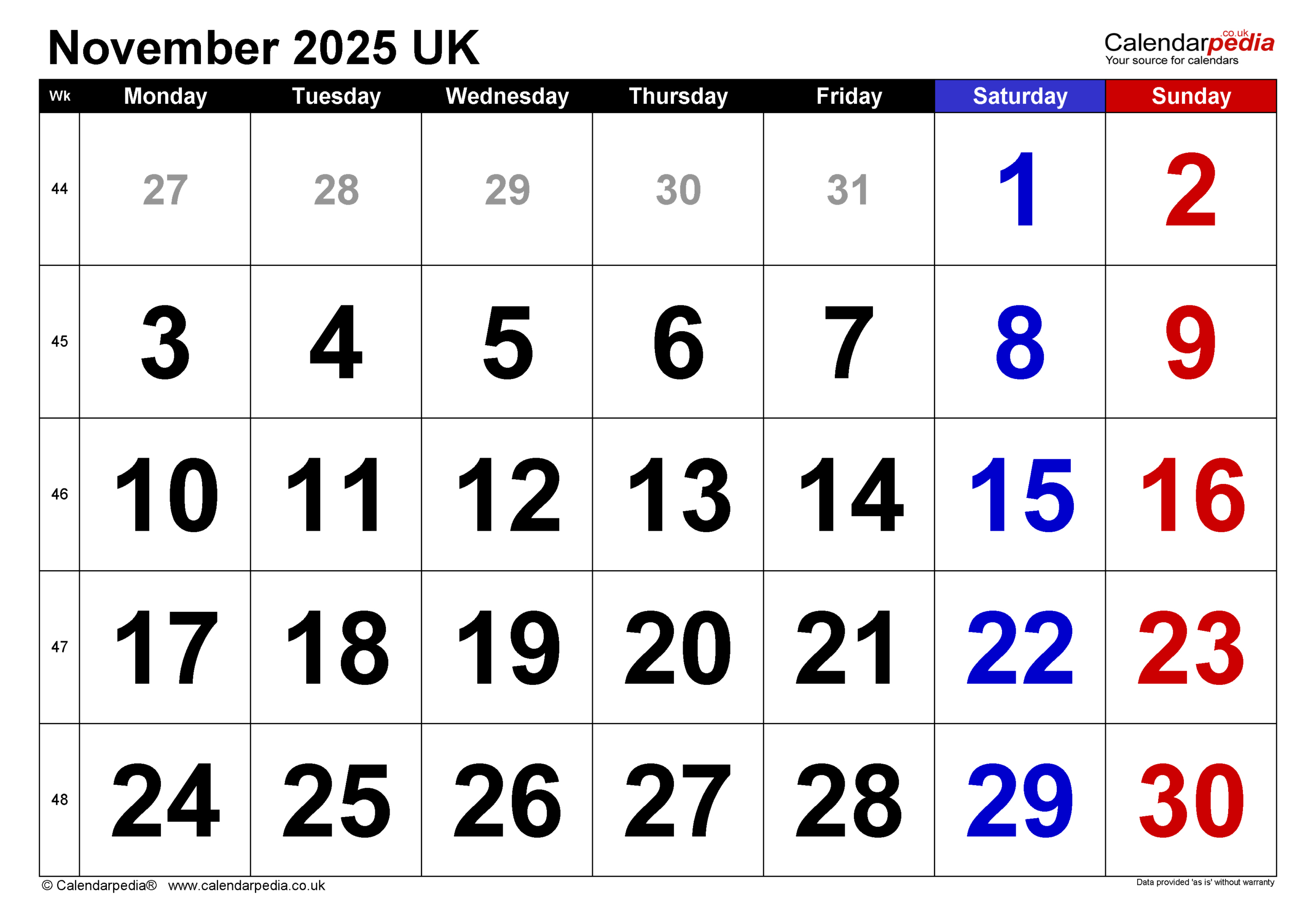 Calendar November 2025 Uk With Pdf, Excel And Word Templates within Uk November 2025 Calendar Printable