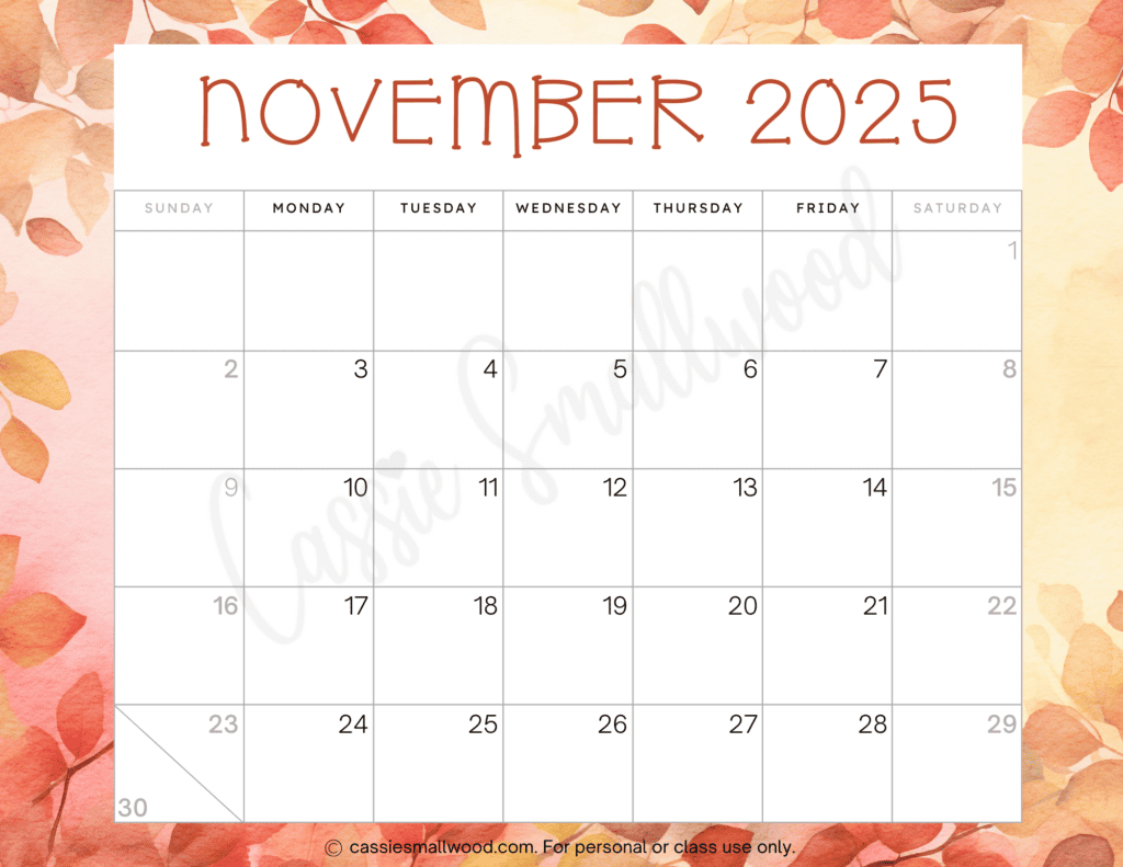 Cute 2025 Free Printable Monthly Calendars - Cassie Smallwood with regard to Mini Calendar November 2025