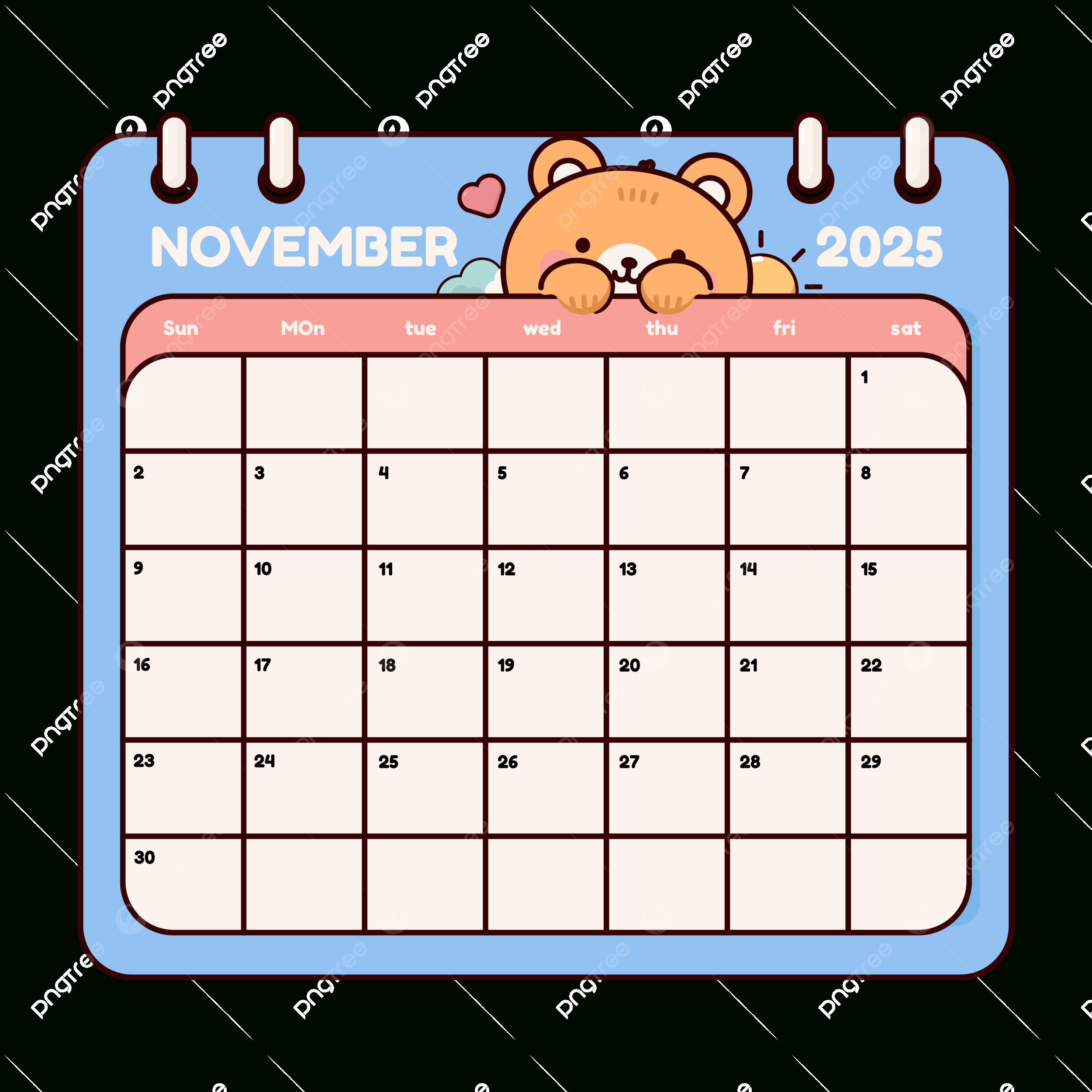 Cute Cartoon Bear November 2025 Calendar Page Wall Template in Fun Calendar November 2025
