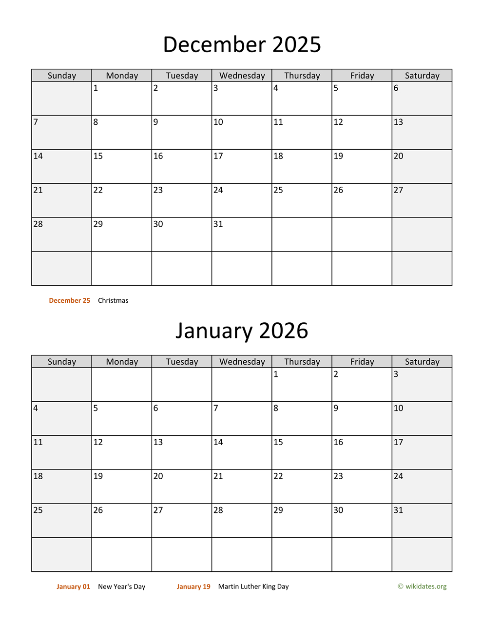 December 2025 And January 2026 Calendar | Wikidates in November December 2025 January 2026 Calendar Printable