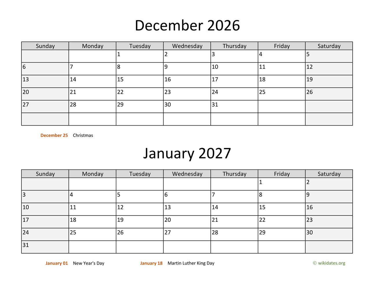 December 2026 And January 2027 Calendar | Wikidates in November December January 2026 Calendar