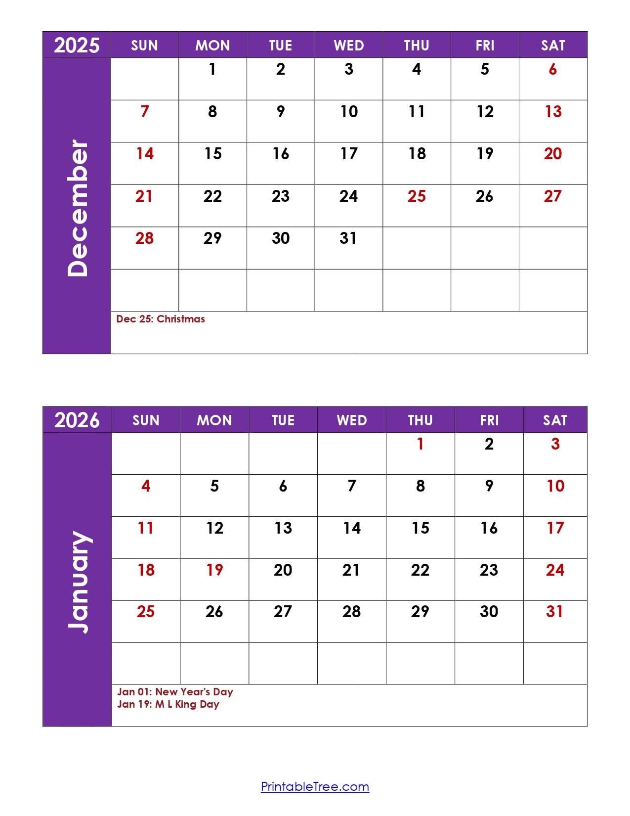 December And January 2026 Calendar Printable Pdf | Two Months Calendar with Calendar November December 2025 January 2026