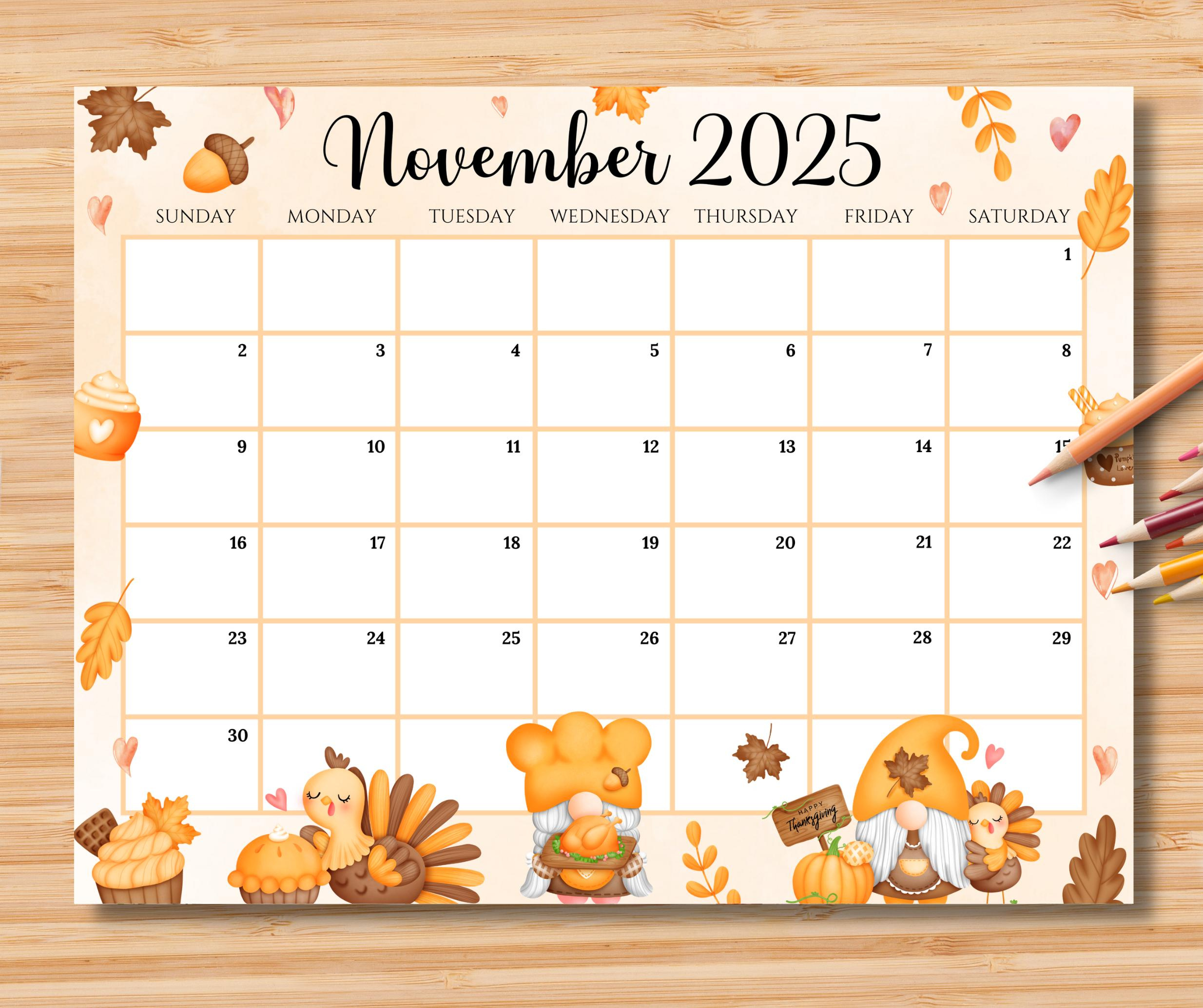 Editable November 2025 Calendar, Happy Thanksgiving With Cute pertaining to November Thanksgiving 2025 Calendar