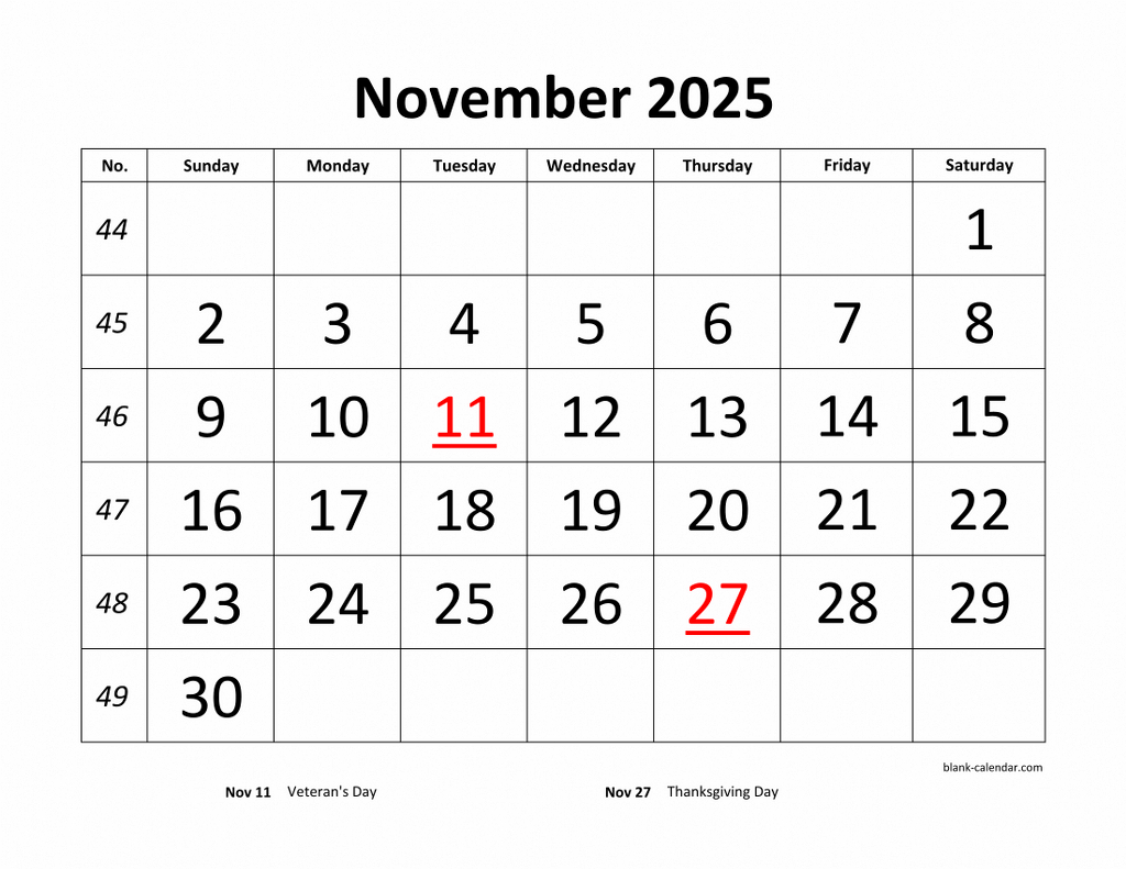 Free Download Printable November 2025 Calendar, Large Font Design intended for Large November 2025 Calendar