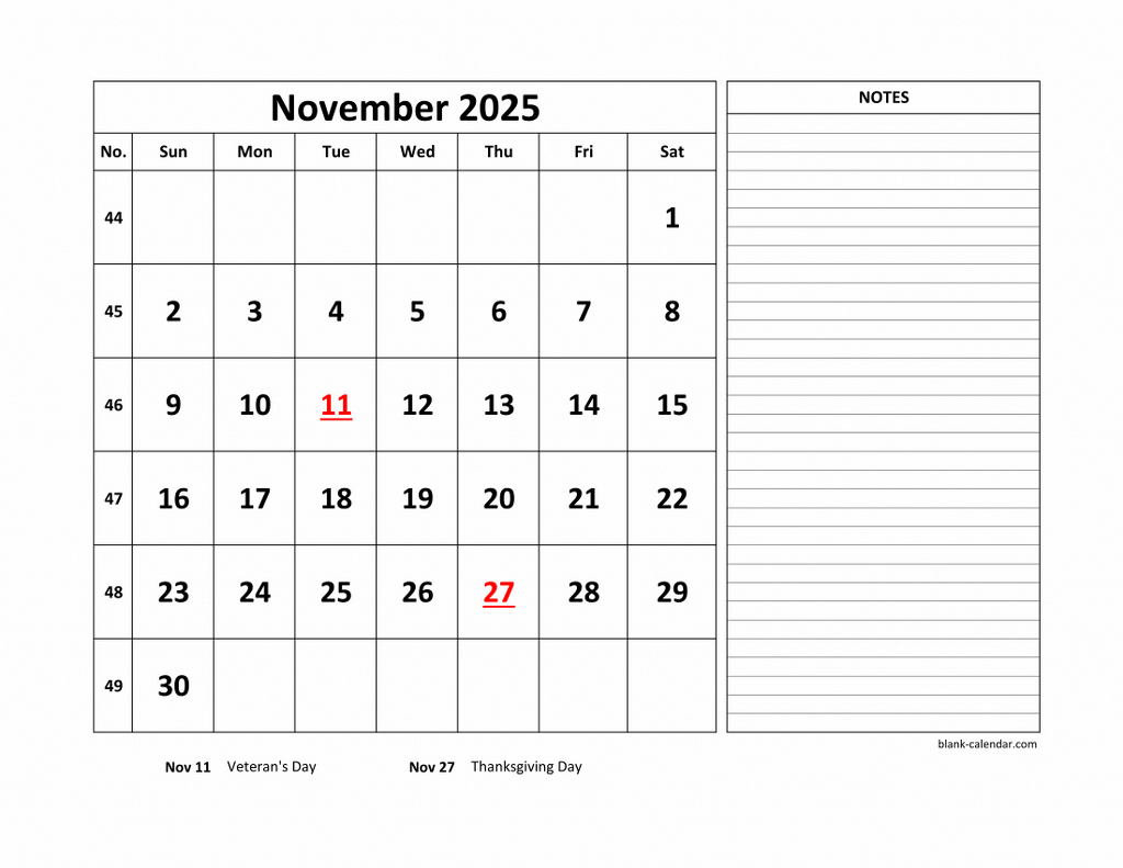 Free Download Printable November 2025 Calendar, Large Space For within November 2025 Calendar Large