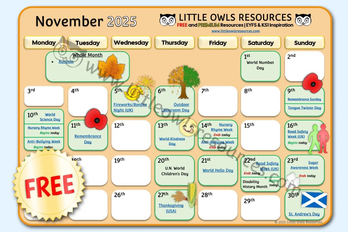 Free November 2025 Special Date Events Calendar | Eyfs & Ks1 within November Events Calendar 2025
