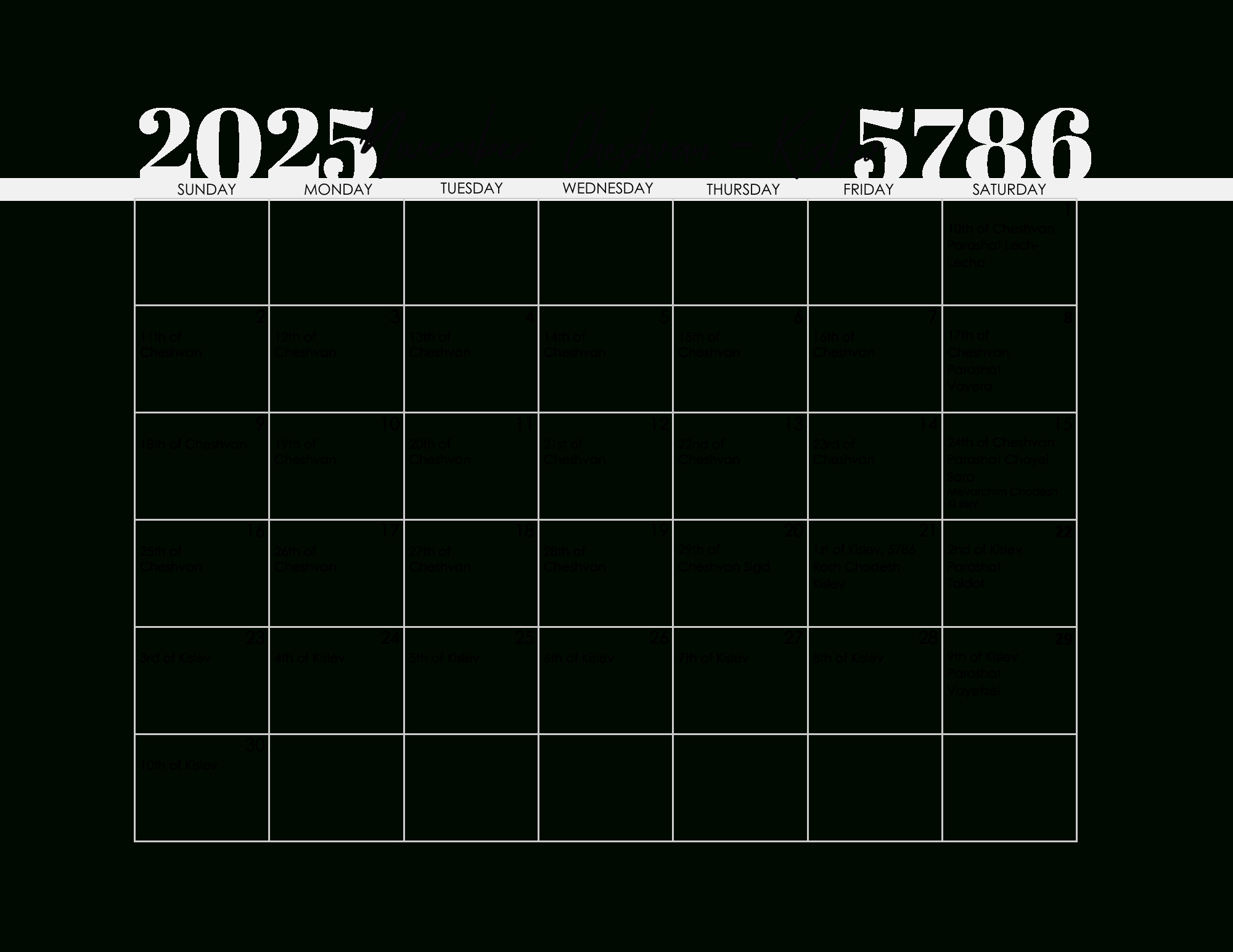 Free Printable Jewish Calendar 2025, 2026, 2027, 2028, 2029, 2030 with November 2025 Jewish Calendar