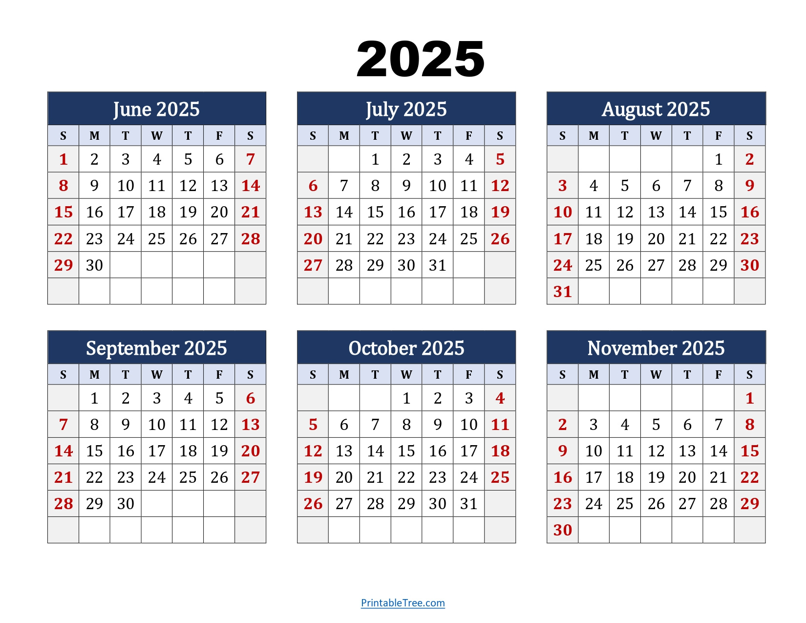 June To November 2025 Calendar Printable Pdf | Six Months Calendar inside November 3Rd 2025 Calendar