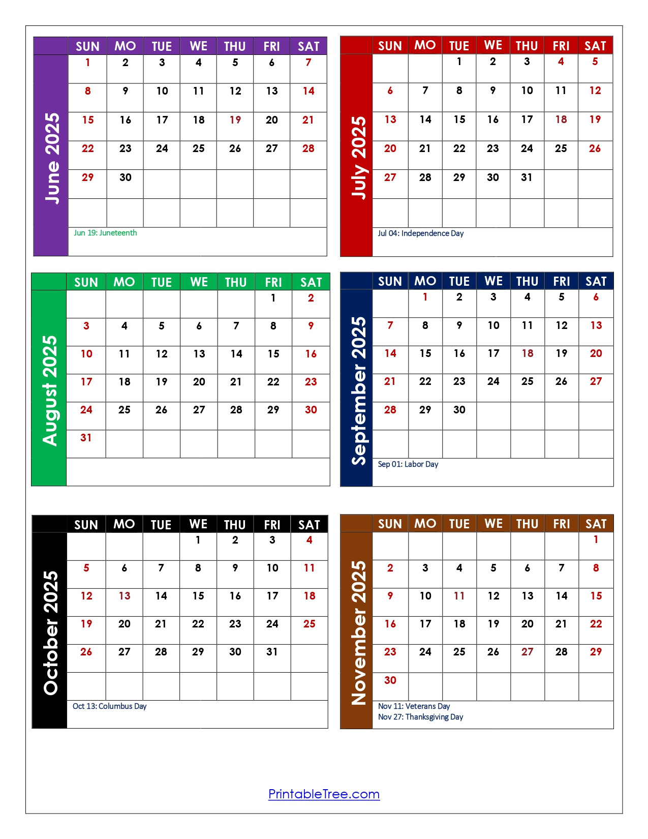 June To November 2025 Calendar Printable Pdf | Six Months Calendar intended for November 2025 to June 2025 Calendar