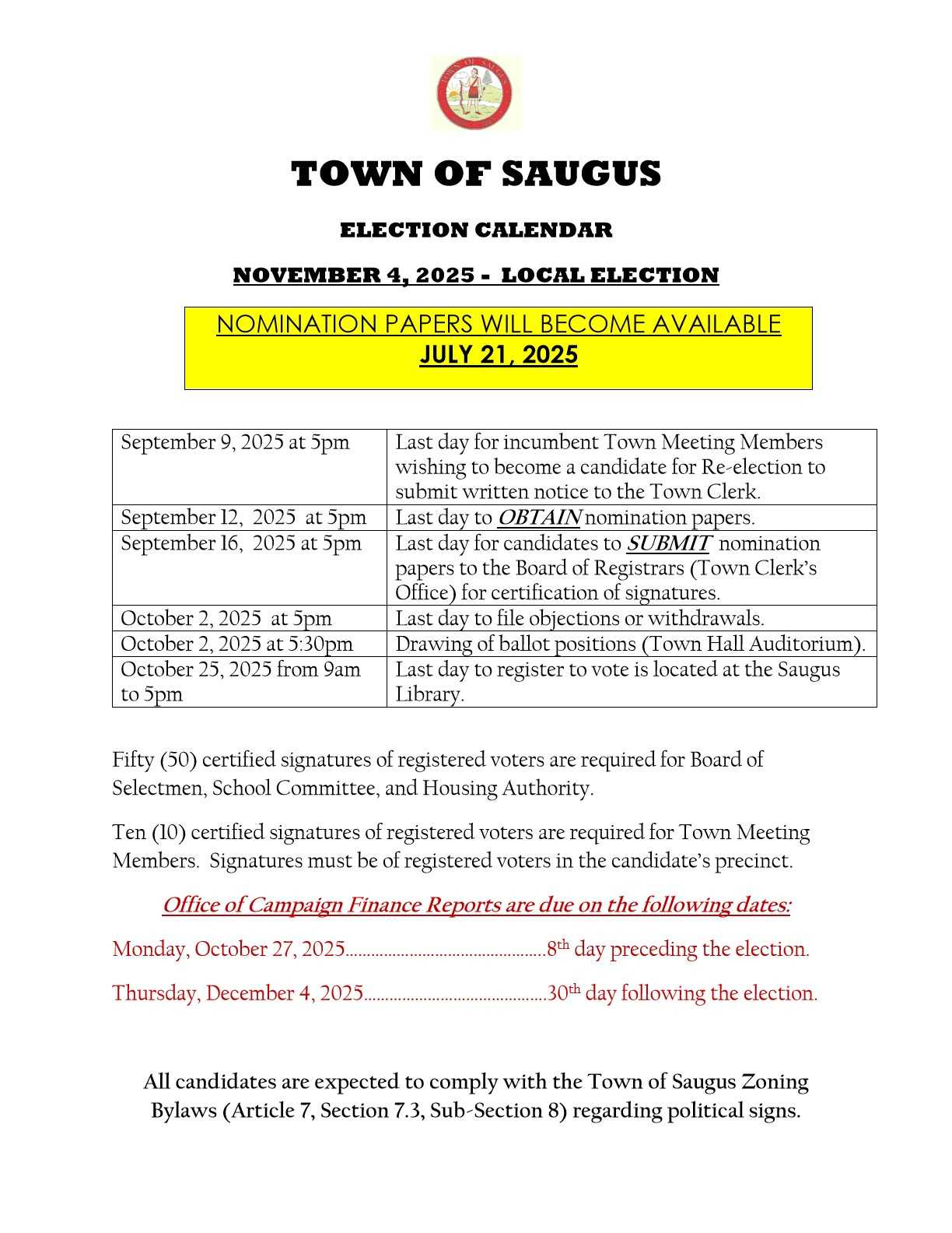Local Election Calendar November 2025 | Town Of Saugus Ma regarding November 4 2025 Election Law Calendar
