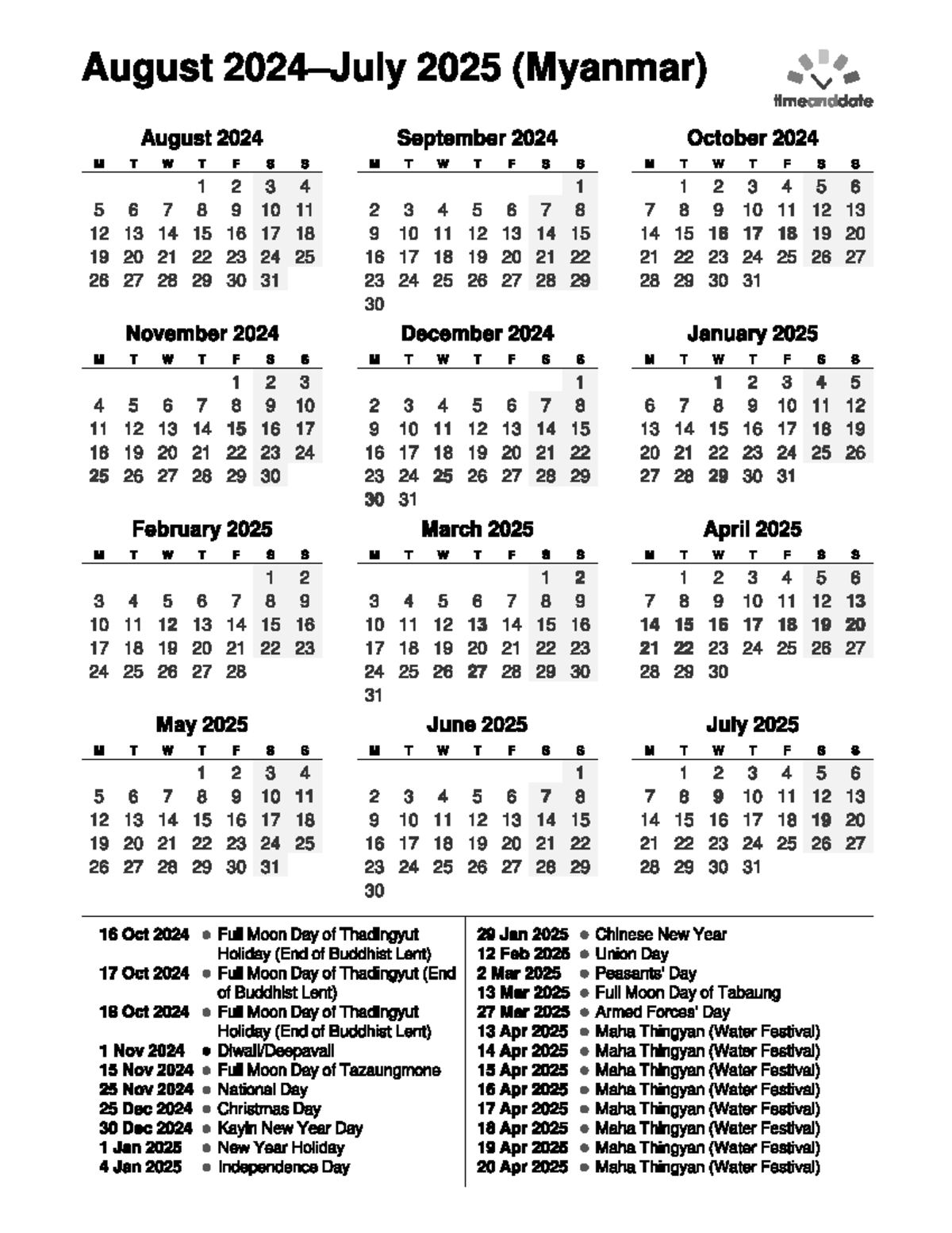 Myanmar Calendar Events And Holidays: Aug 2024 - Jul 2025 - Studocu in Myanmar Calendar 2025 November