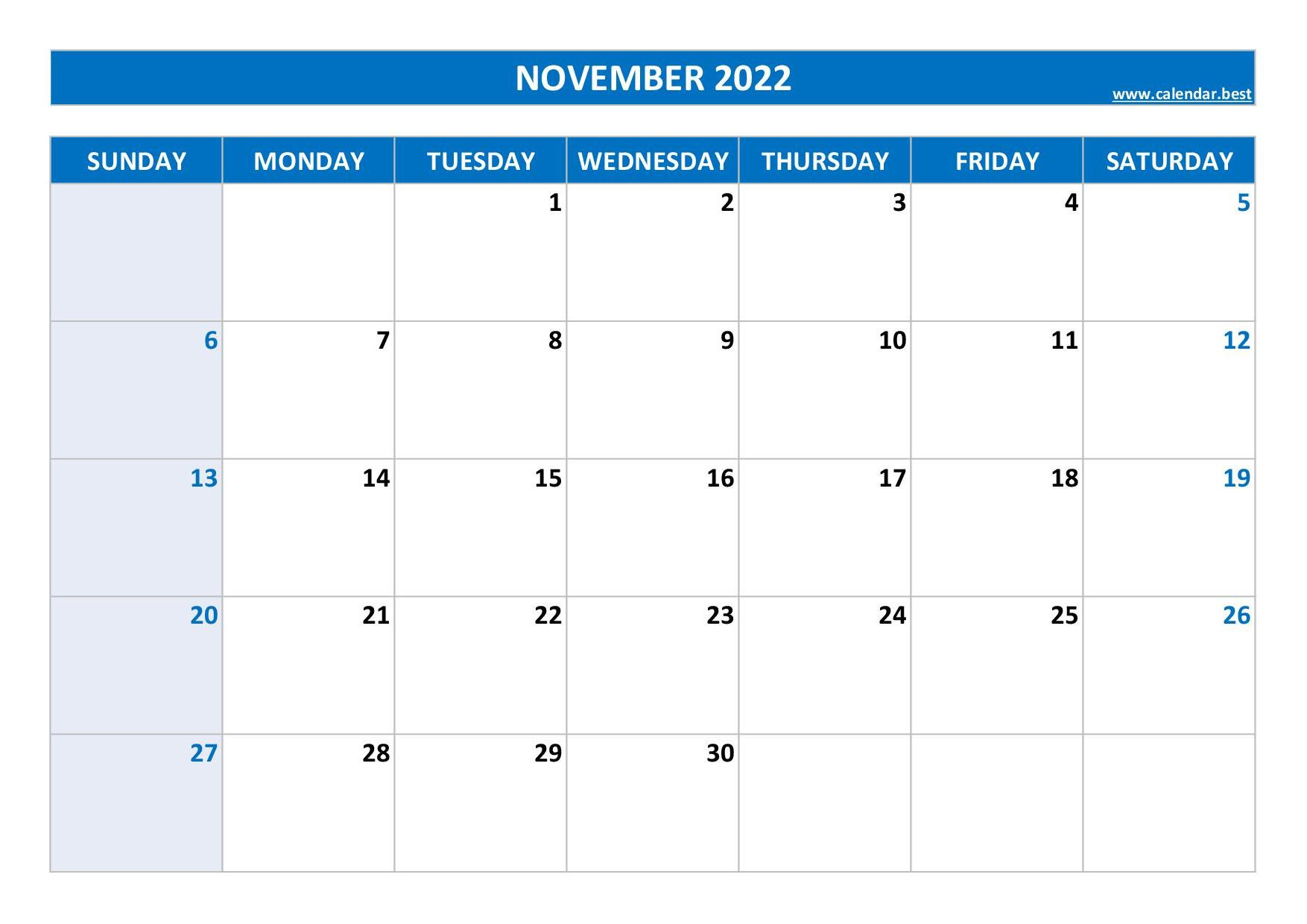 November 2022 Calendar -Calendar.best with November Monthly Printable Calendar