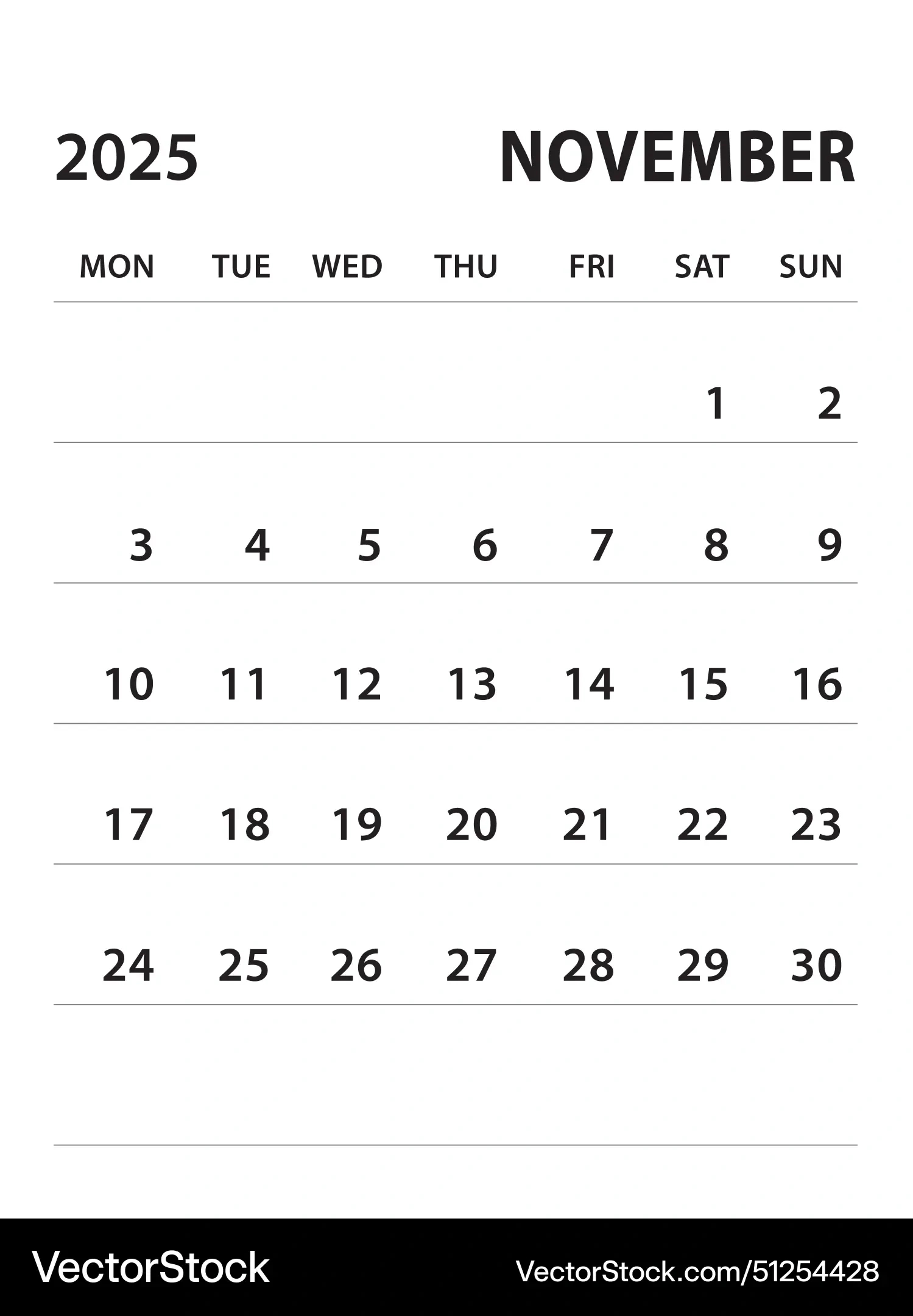 November 2025-Calendar 2025 Vorlage Lizenzfreier Vektor with November 2nd 2025 Calendar