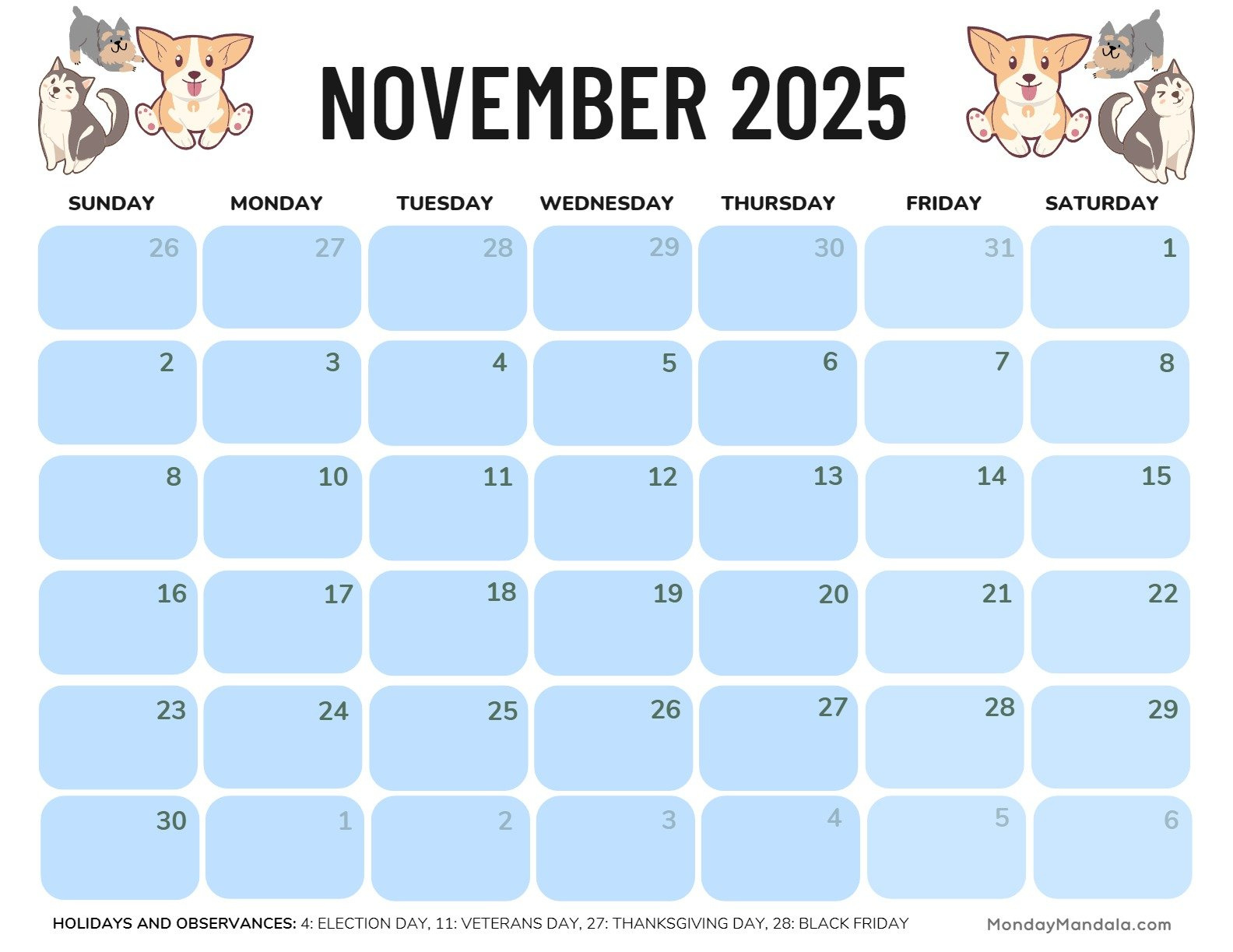 November 2025 Calendar (52 Free Pdf Printables) with General Blue November 2025 Calendar Printable