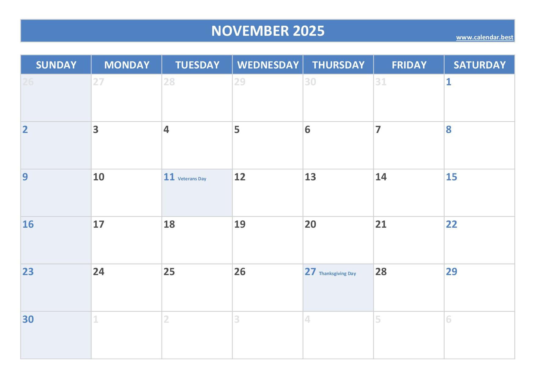 November 2025 Calendar -Calendar.best regarding 2025 November Holiday Calendar