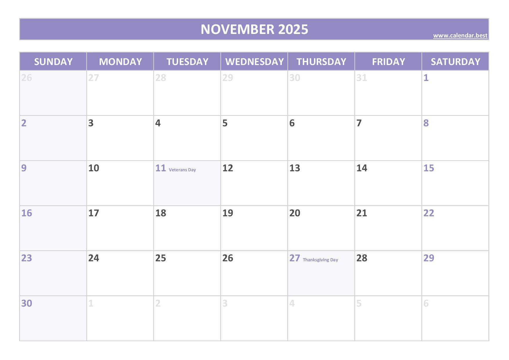 November 2025 Calendar -Calendar.best with November 2025 Calendar with Holidays