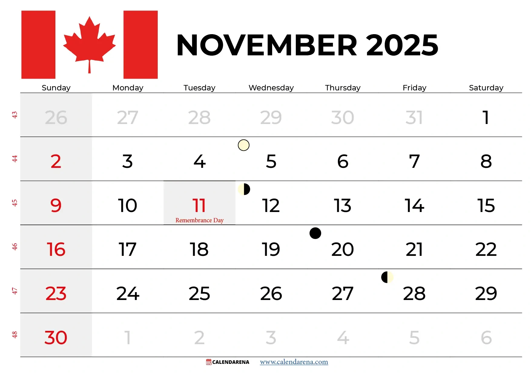 November 2025 Calendar Canada: Free Printables & Holidays with November National Days Canada 2025