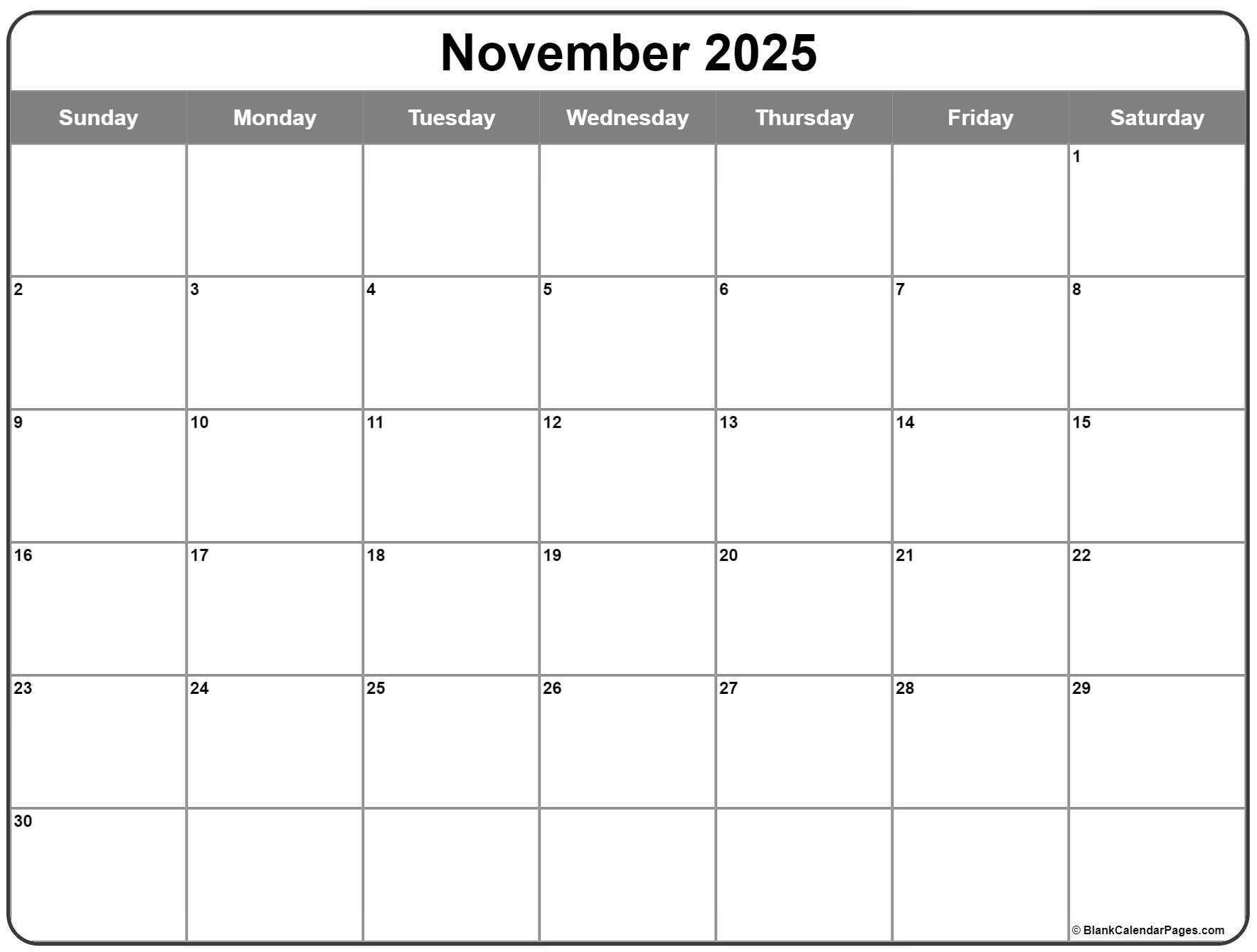 November 2025 Calendar | Free Printable Calendars with regard to November 2025 Calendar Blank