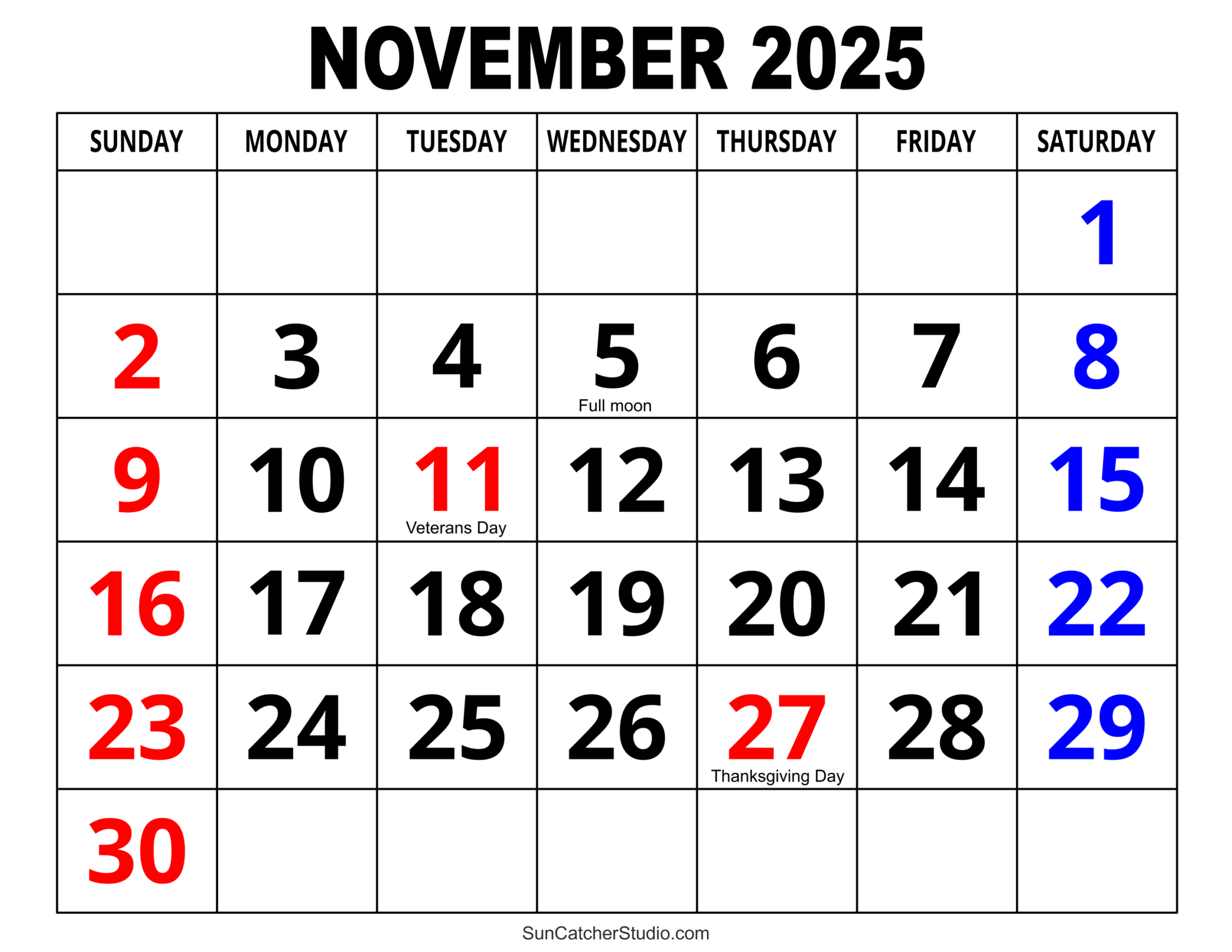 November 2025 Calendar (Free Printable) – Free Printables in November 2025 Calendar with US Holidays
