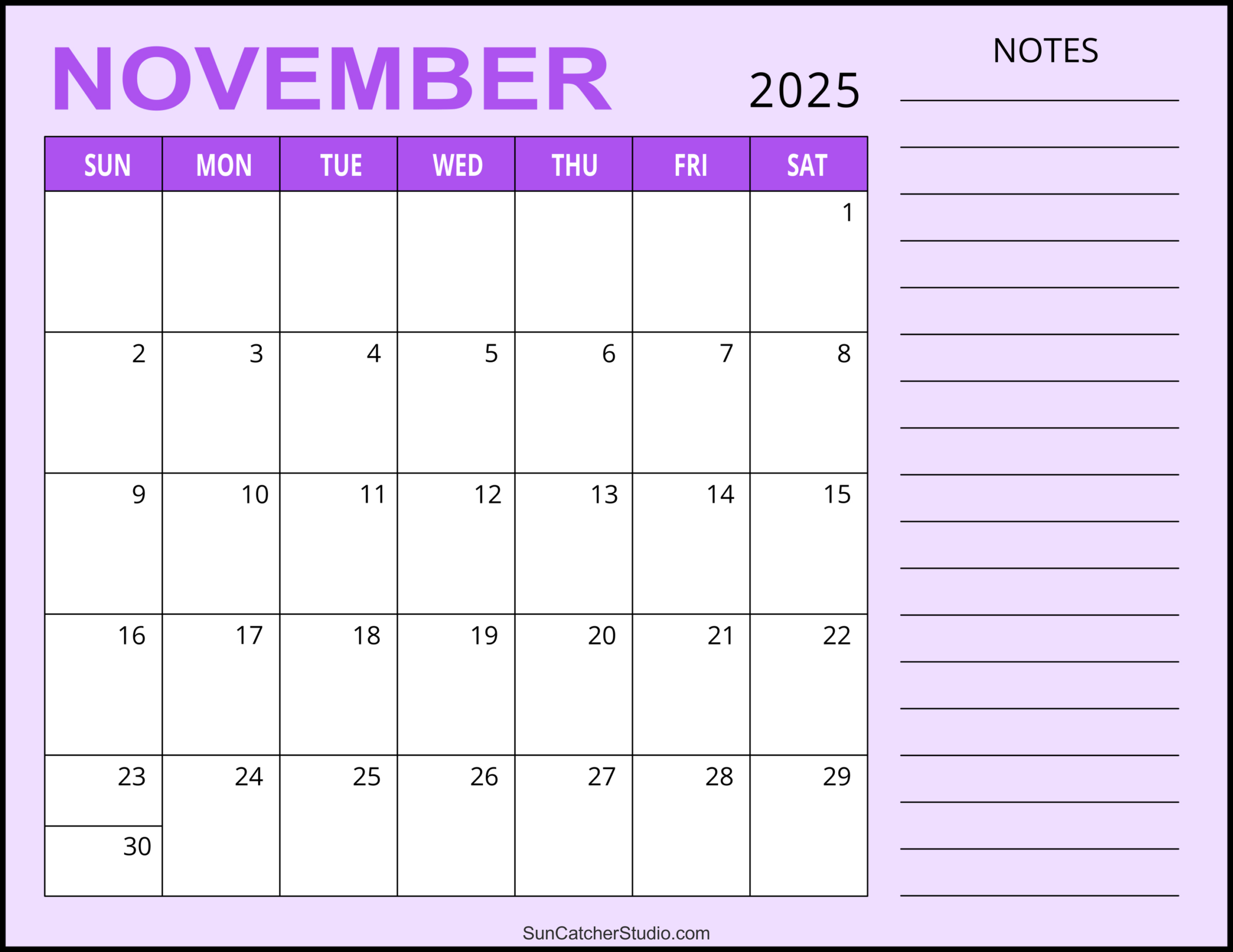 November 2025 Calendar (Free Printable) – Free Printables throughout November 2025 Calendar With Notes