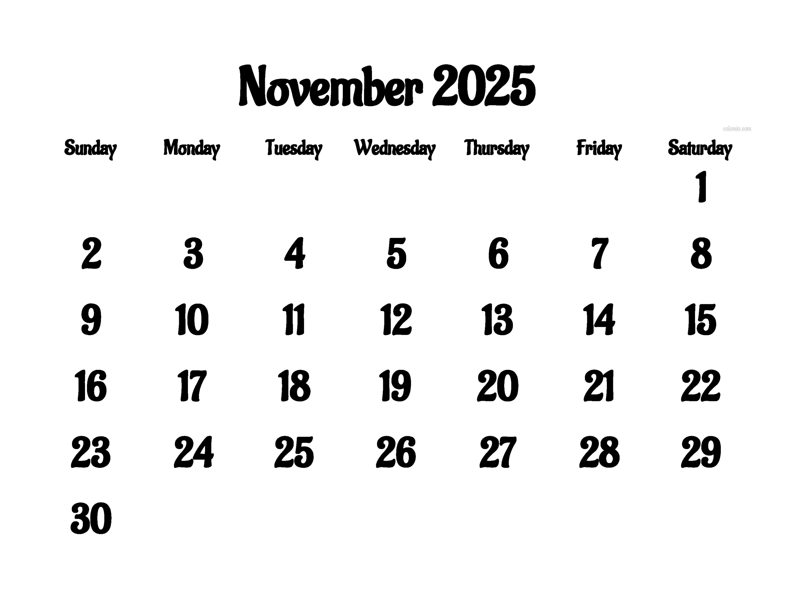 November 2025 Calendar | Free Printable Pdf, Xls And Png with How Much Days in November 2025 Calendar