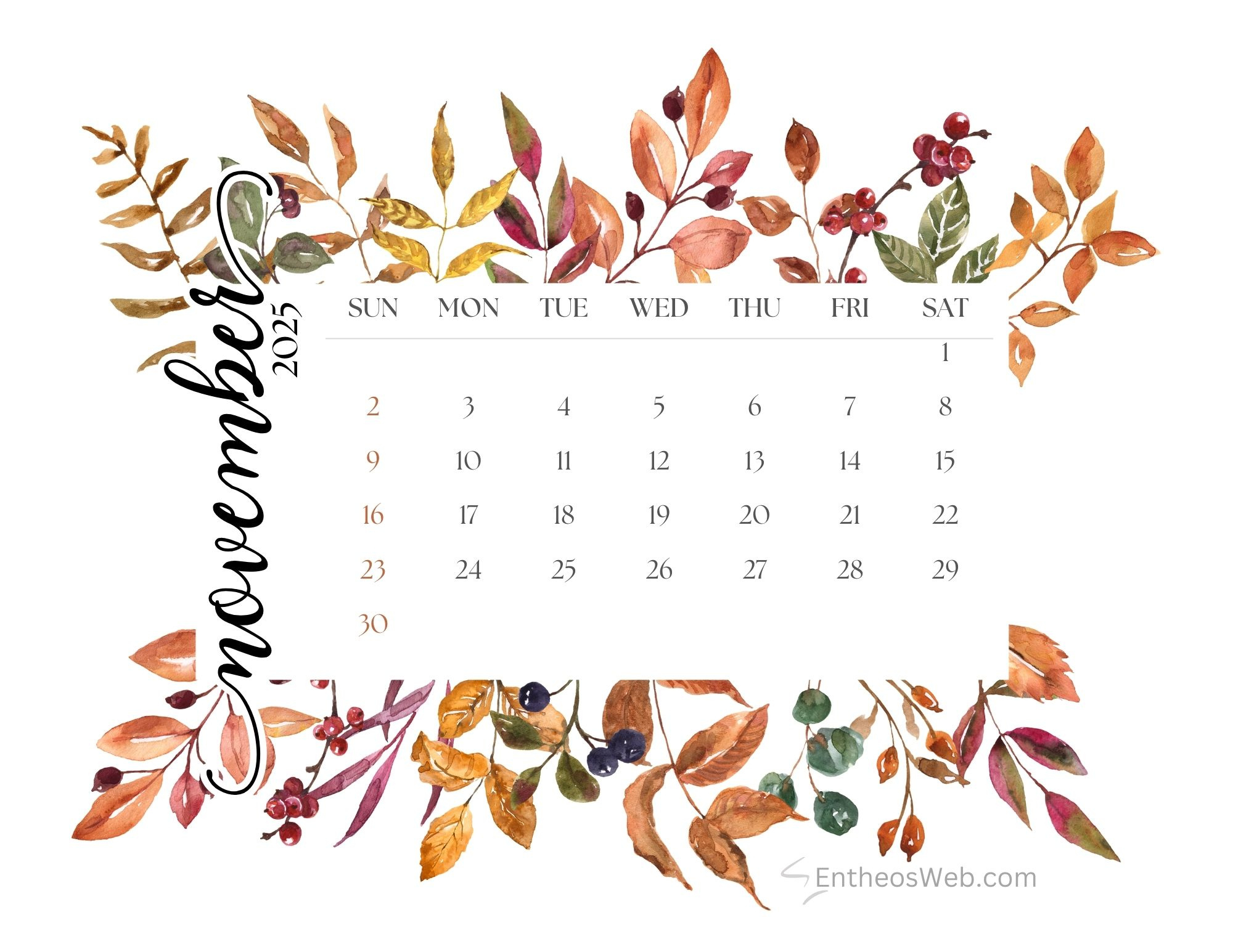 November 2025 Calendar Free Printables | Entheosweb for November Calendar 2025 Desktop
