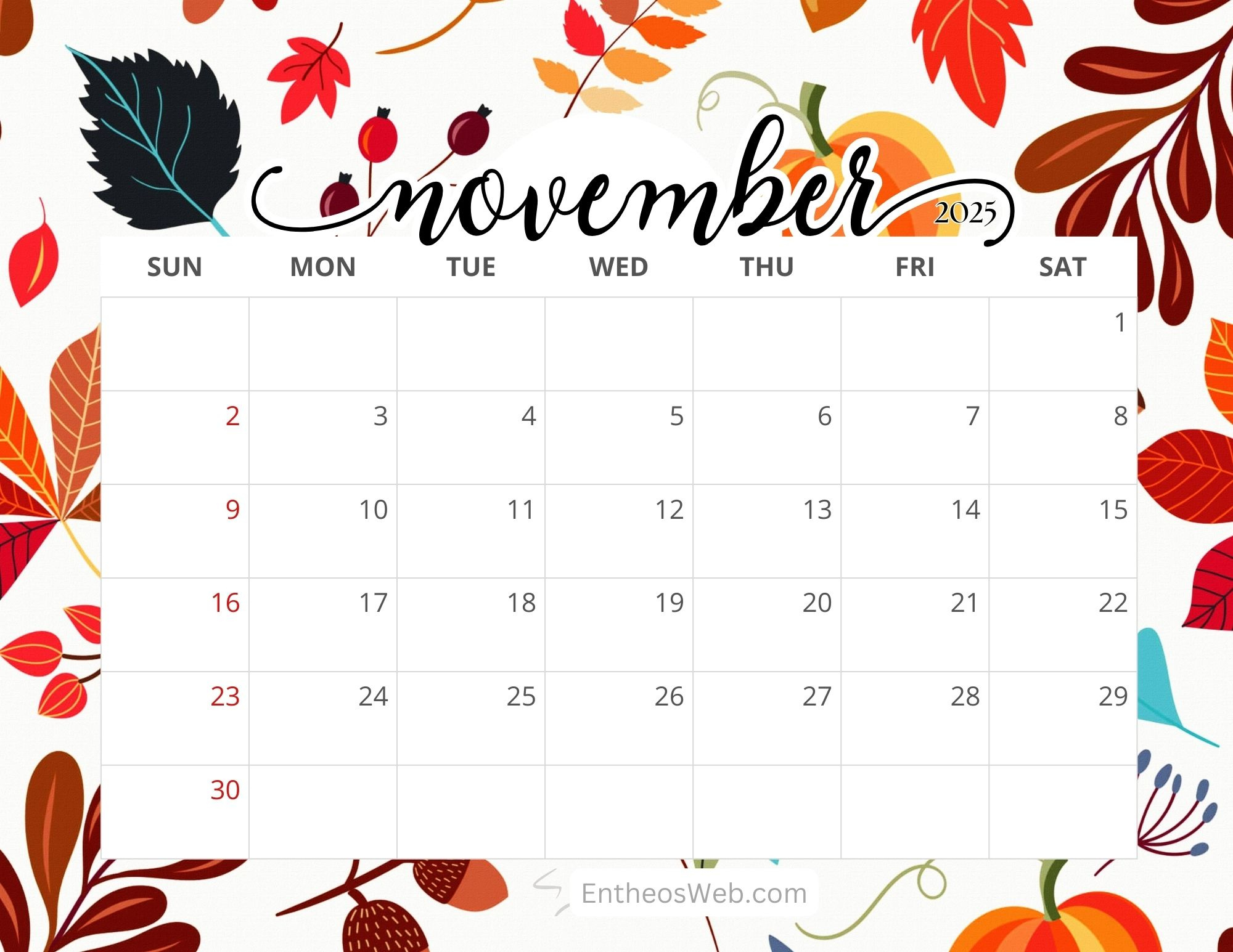November 2025 Calendar Free Printables | Entheosweb regarding Cute November 2025 Calendar Printable